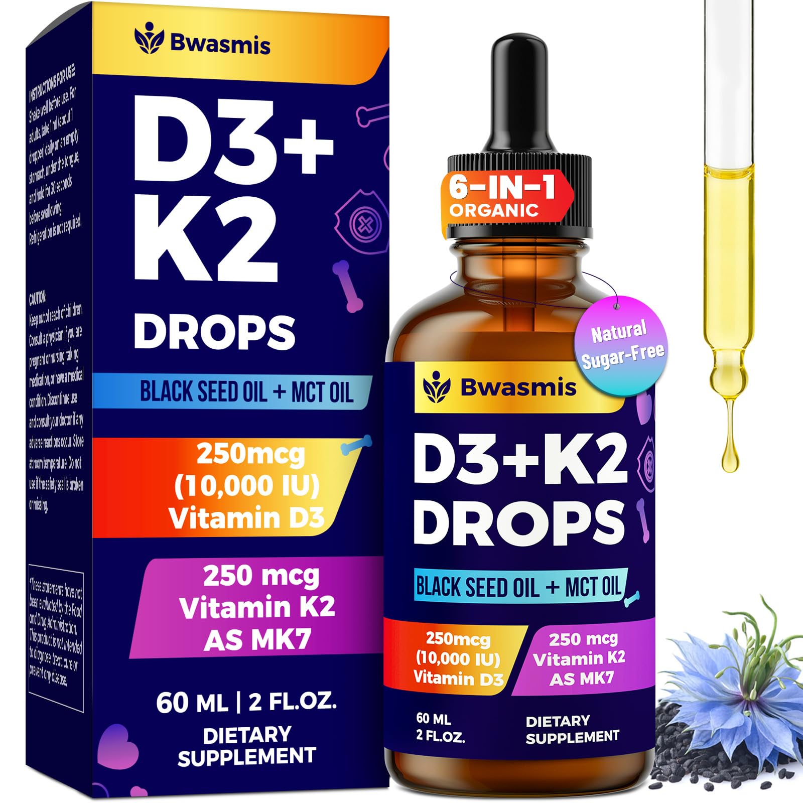 Vitamin D3 K2 Drops 10000IU with Organic Black Seed Oil – 6-in-1 Liquid (2 oz)