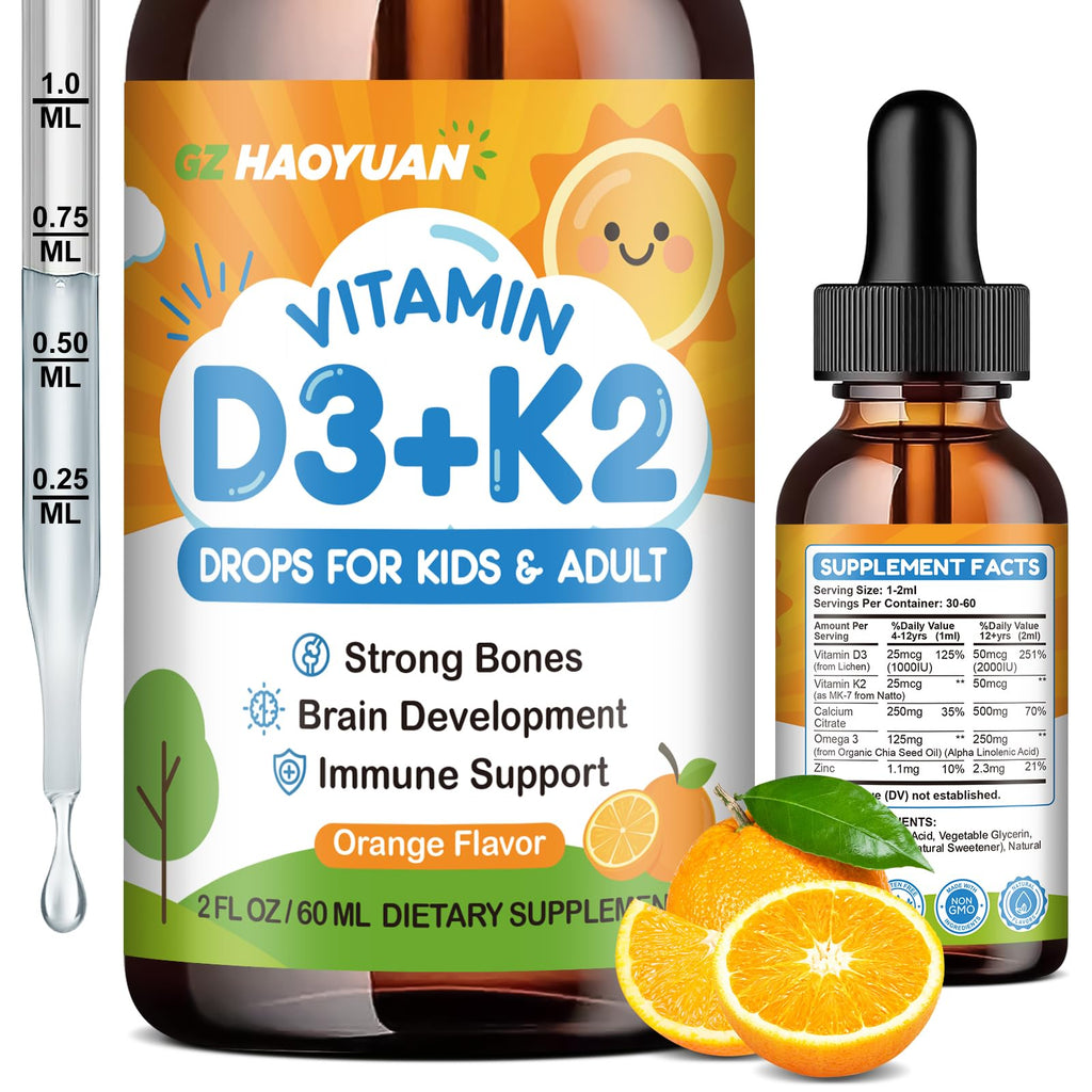 Vitamin D3 K2 Drops for Kids – Vegan Non-GMO Orange 2oz | Supports Calcium Absorption, Bones, Brain & Immunity