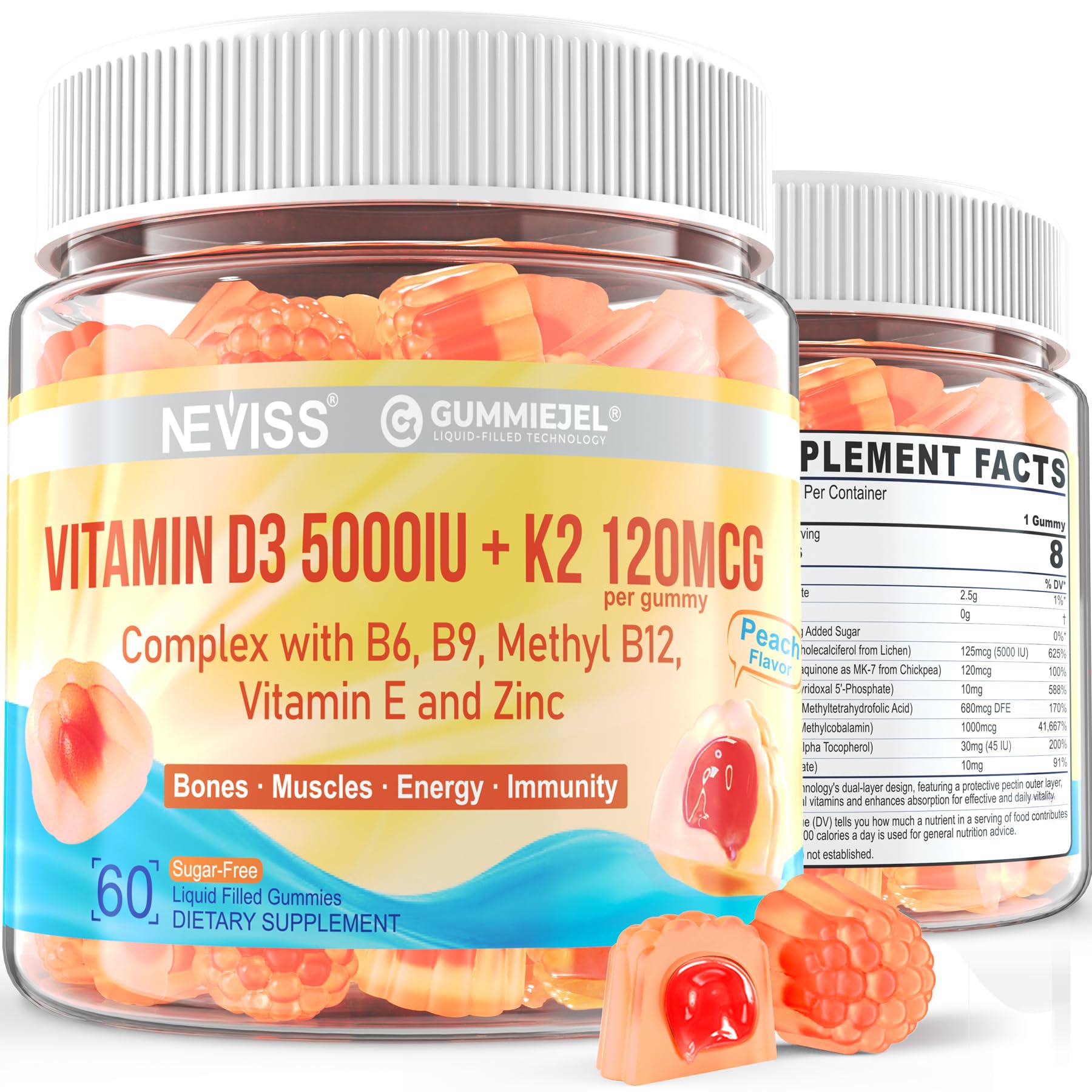 NEVISS Vitamin D3 5000IU + K2 (MK-7) 120mcg Gummies – Sugar-Free, B Complex, 2-Pack