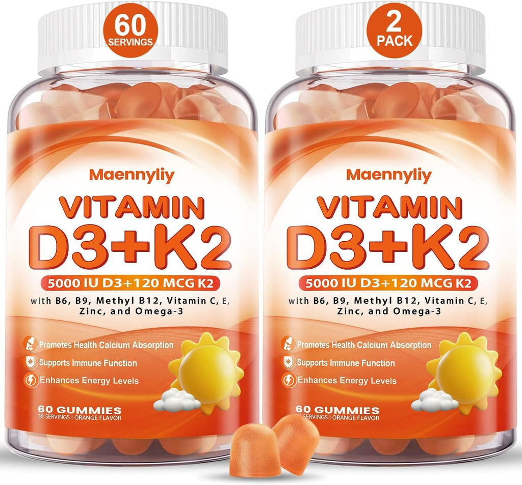 Vitamin D3 K2 Gummies for Adults – 5000IU D3 + 120mcg MK-7 K2 | Sugar-Free, Omega-3 & B Vitamins