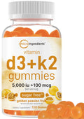 Vitamin D3 K2 Gummies 5,000 IU D3 + 100 mcg MK-7 | 120 Count | Sugar Free Golden Passion Fruit