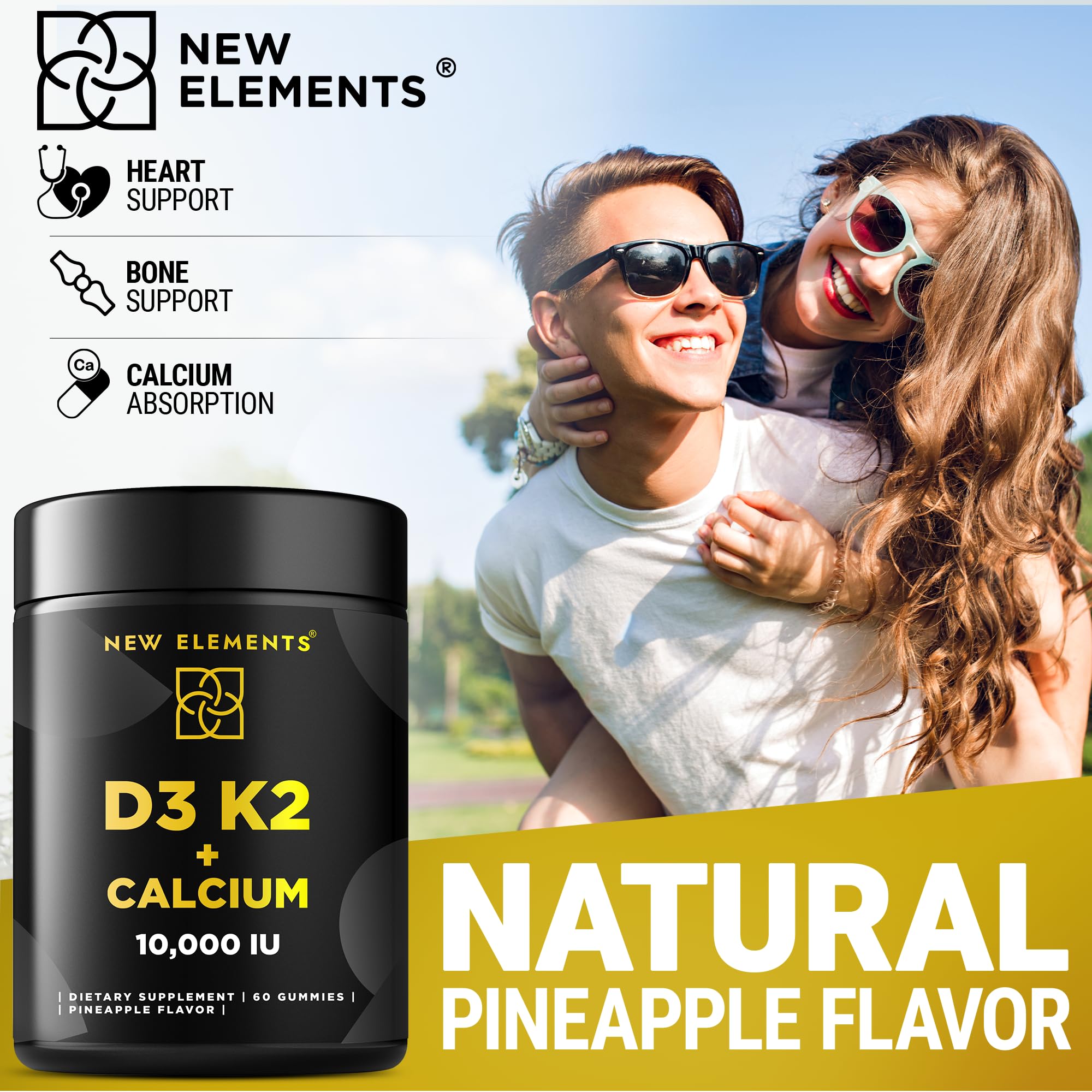 Vitamin D3 K2 Gummies 10000 IU with Calcium 100mg – Vegan, Gluten Free, Non-GMO (Pack of 2)