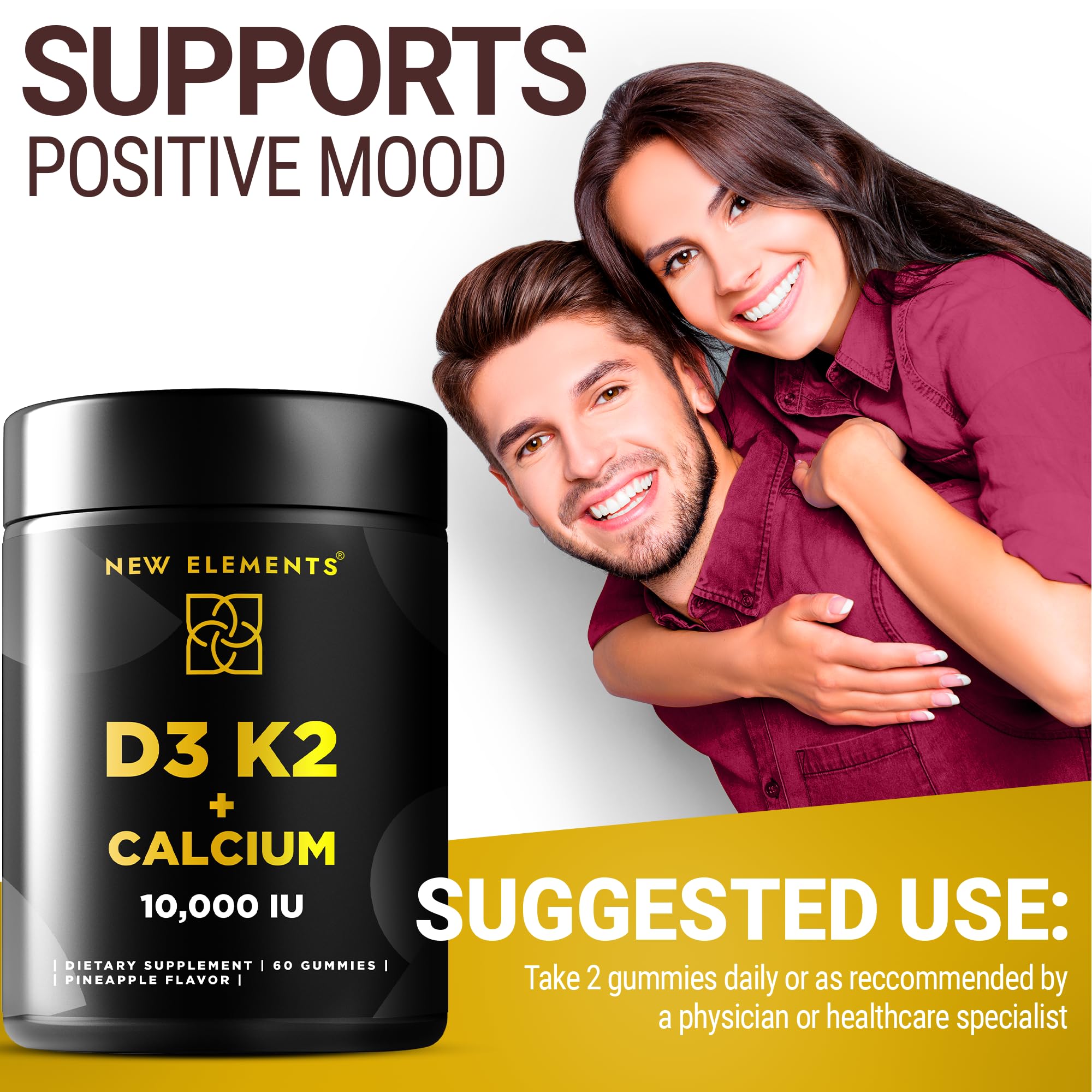 Vitamin D3 K2 Gummies 10000 IU with Calcium 100mg – Vegan, Gluten Free, Non-GMO (Pack of 2)