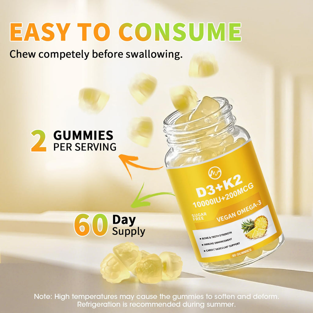 Vitamin D3 K2 Gummies 10000IU MK-7 200mcg – 6-in-1 with Omega-3, Calcium, Magnesium & Zinc | Sugar Free, 2 Packs