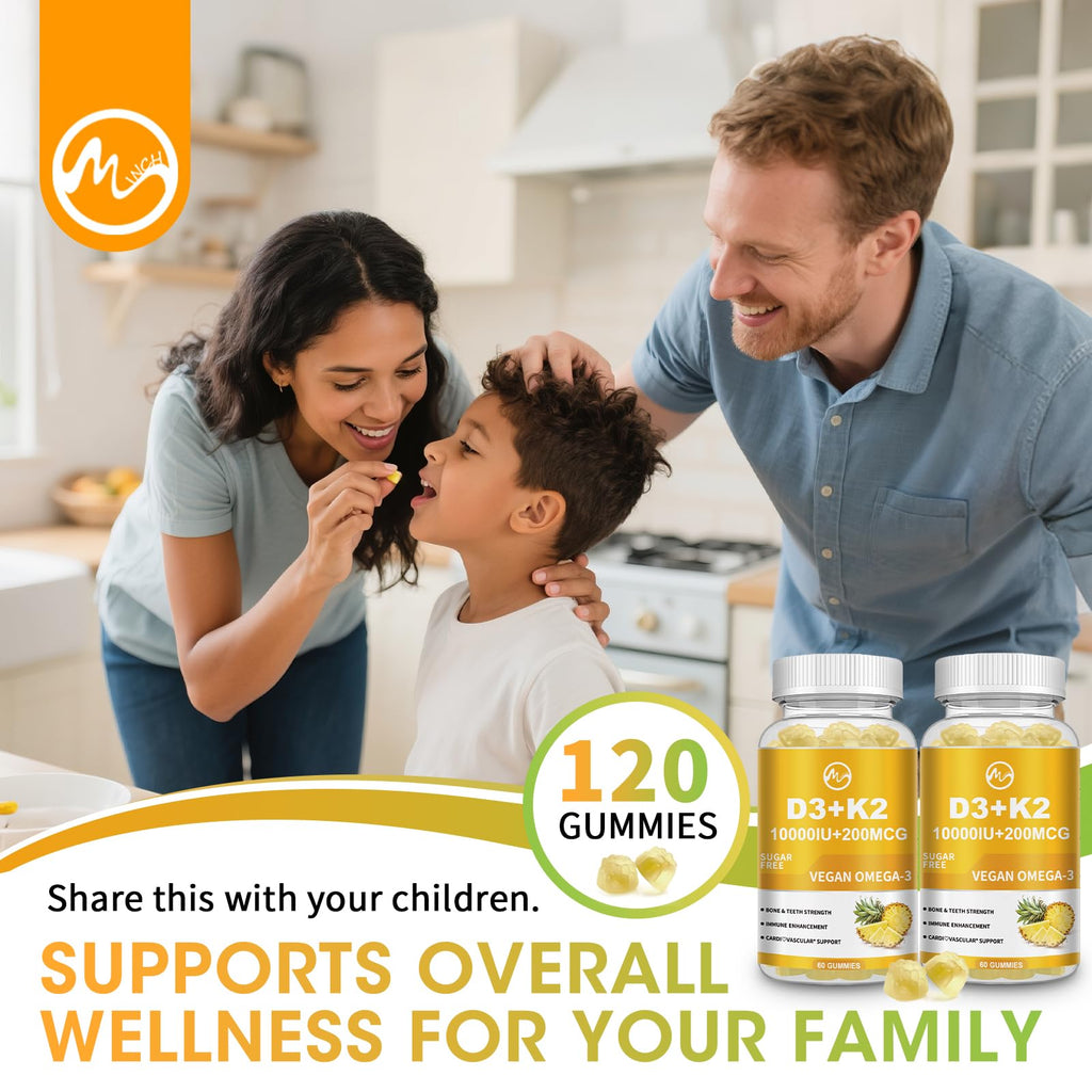 Vitamin D3 K2 Gummies 10000IU MK-7 200mcg – 6-in-1 with Omega-3, Calcium, Magnesium & Zinc | Sugar Free, 2 Packs