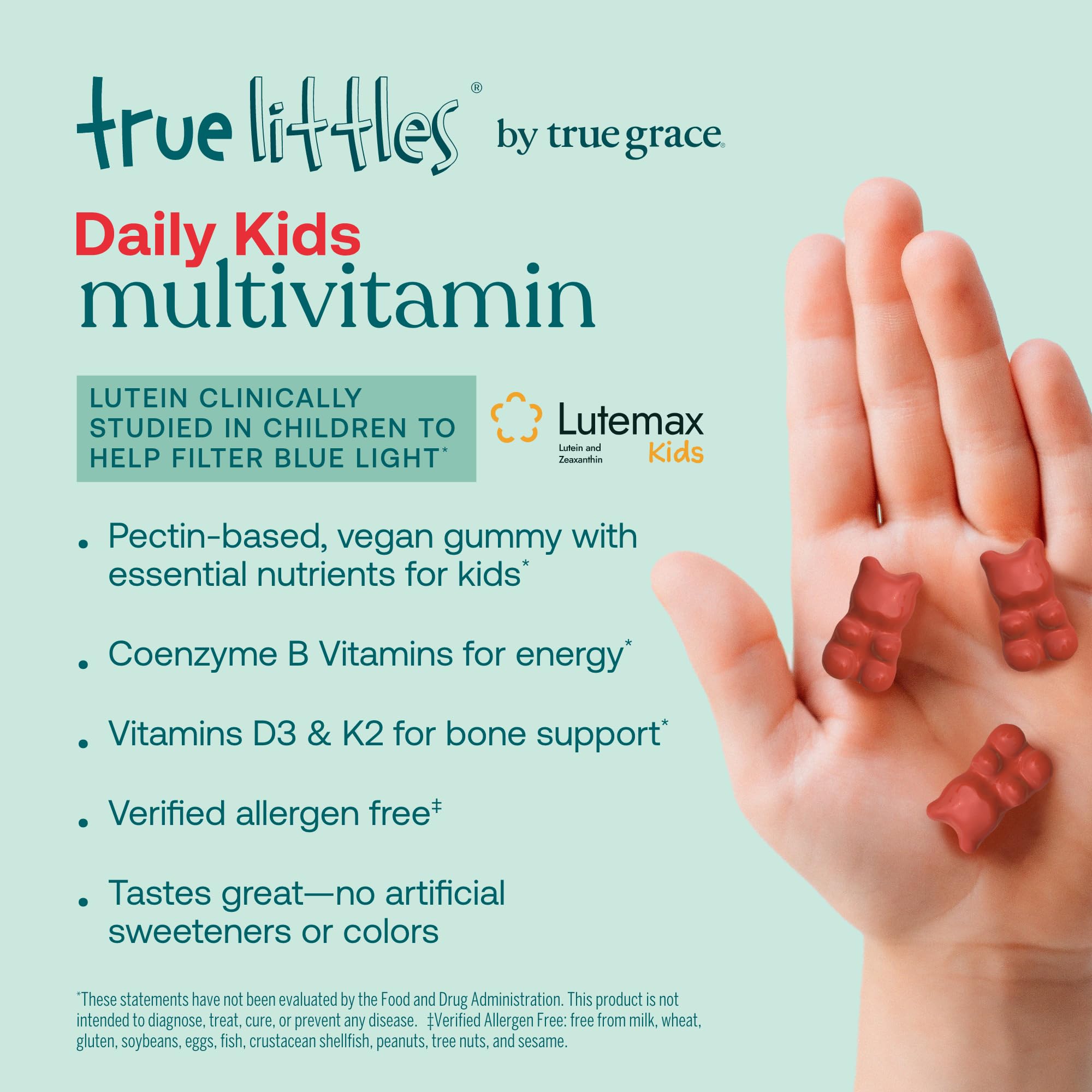 True Grace True Littles Daily Kids Multivitamin - 60 Pectin Gummies | Lutemax Kids Lutein, Vitamin D3 + K2 | Vegan & Allergen Free