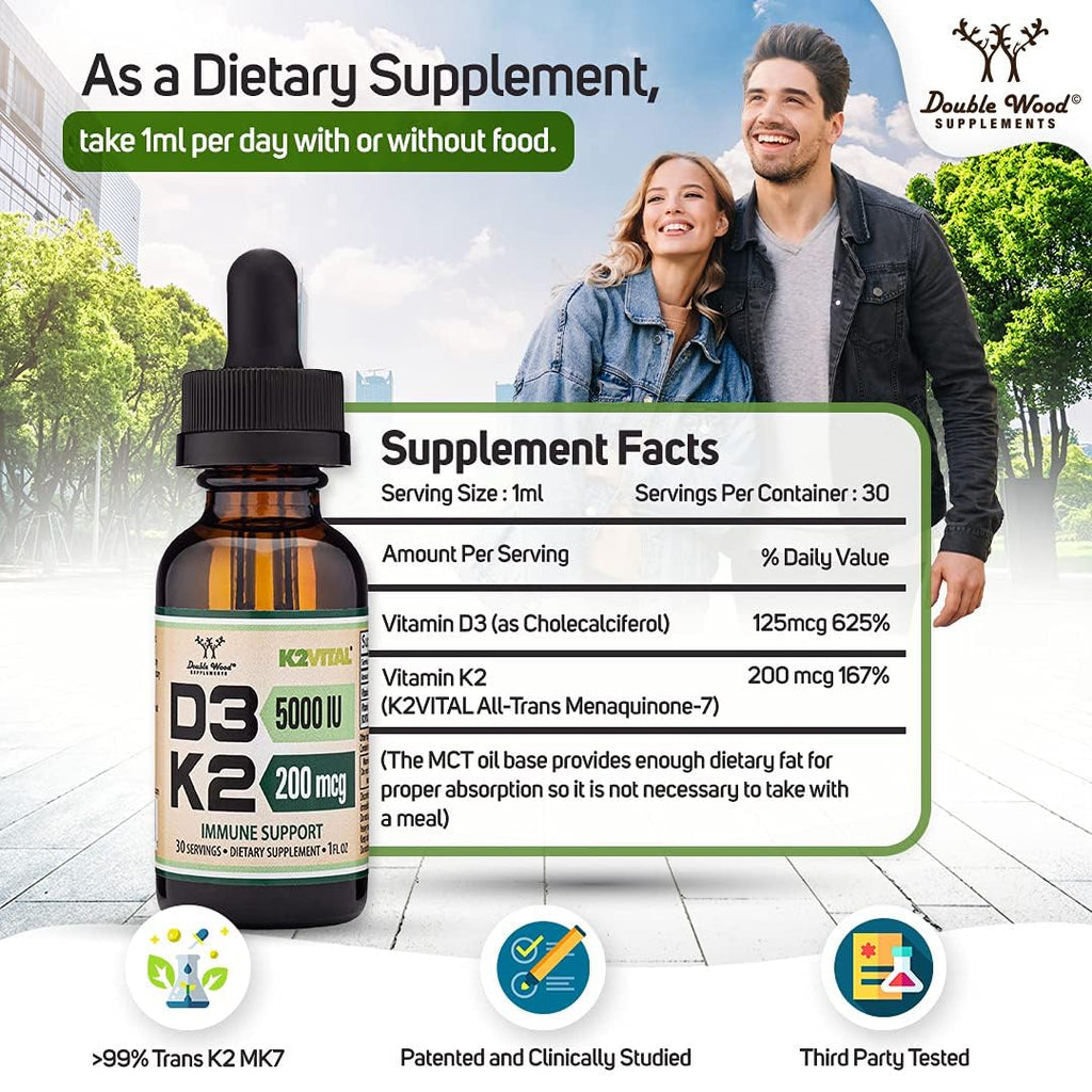 Vitamin D3 K2 5,000 IU Liquid Drops with All-Trans MK-7 (K2Vital) – Double Wood, Pack of 2