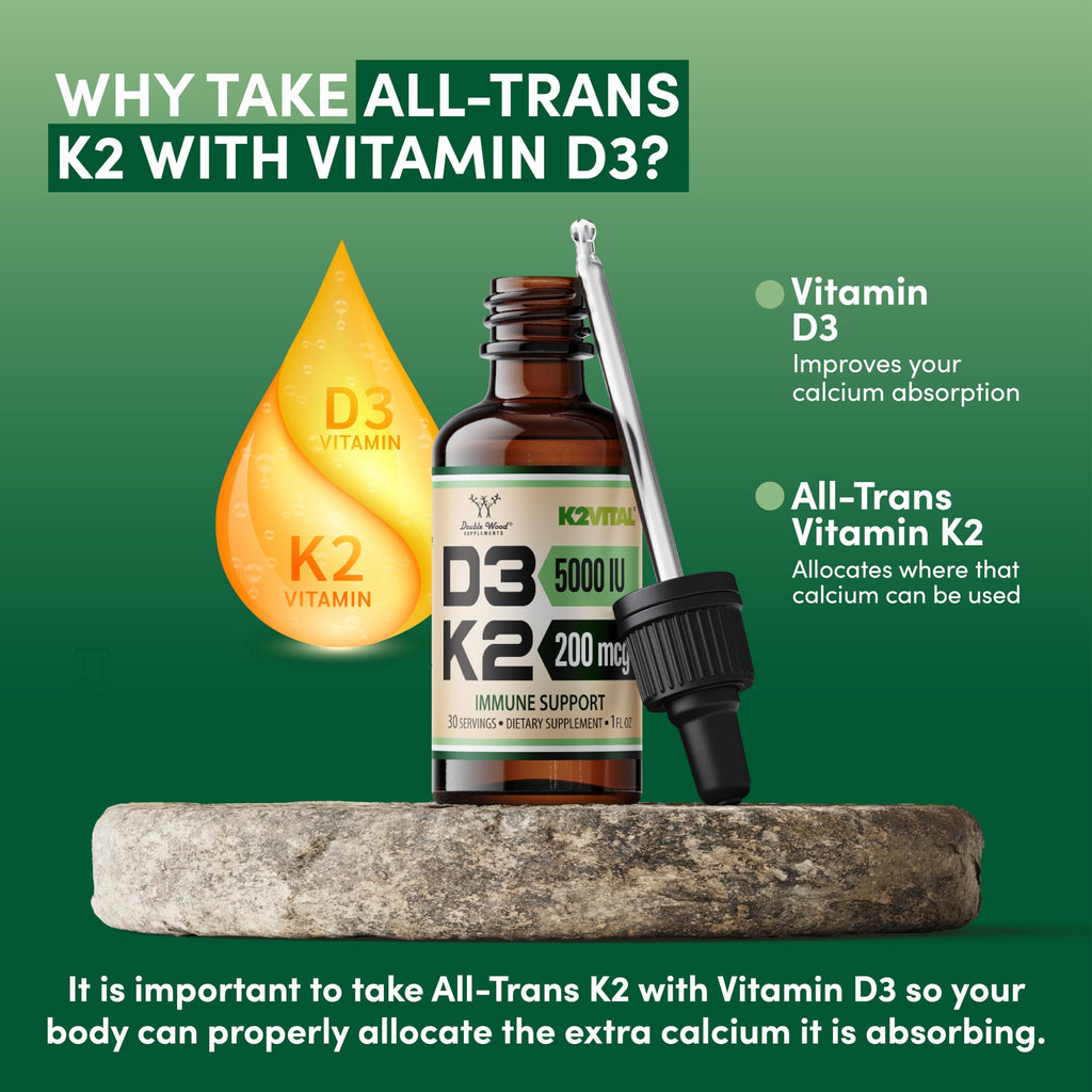 Vitamin D3 K2 5,000 IU Liquid Drops with All-Trans MK-7 (K2Vital) – Double Wood, Pack of 2