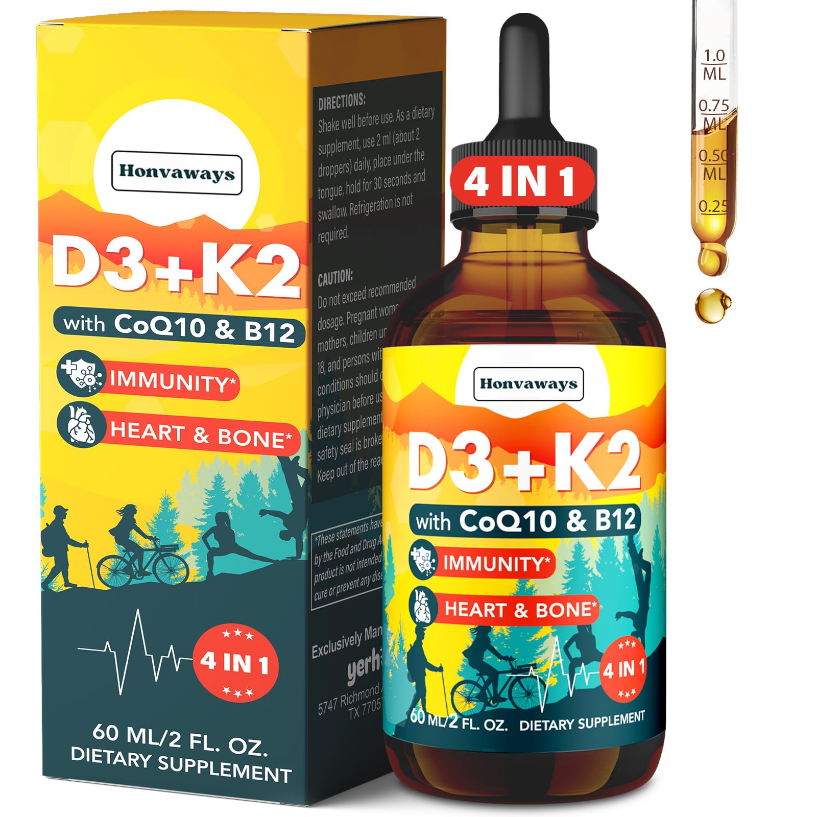 Vitamin D3 K2 MK-7 4000 IU Liquid Drops – CoQ10 & B12 for Bone Health