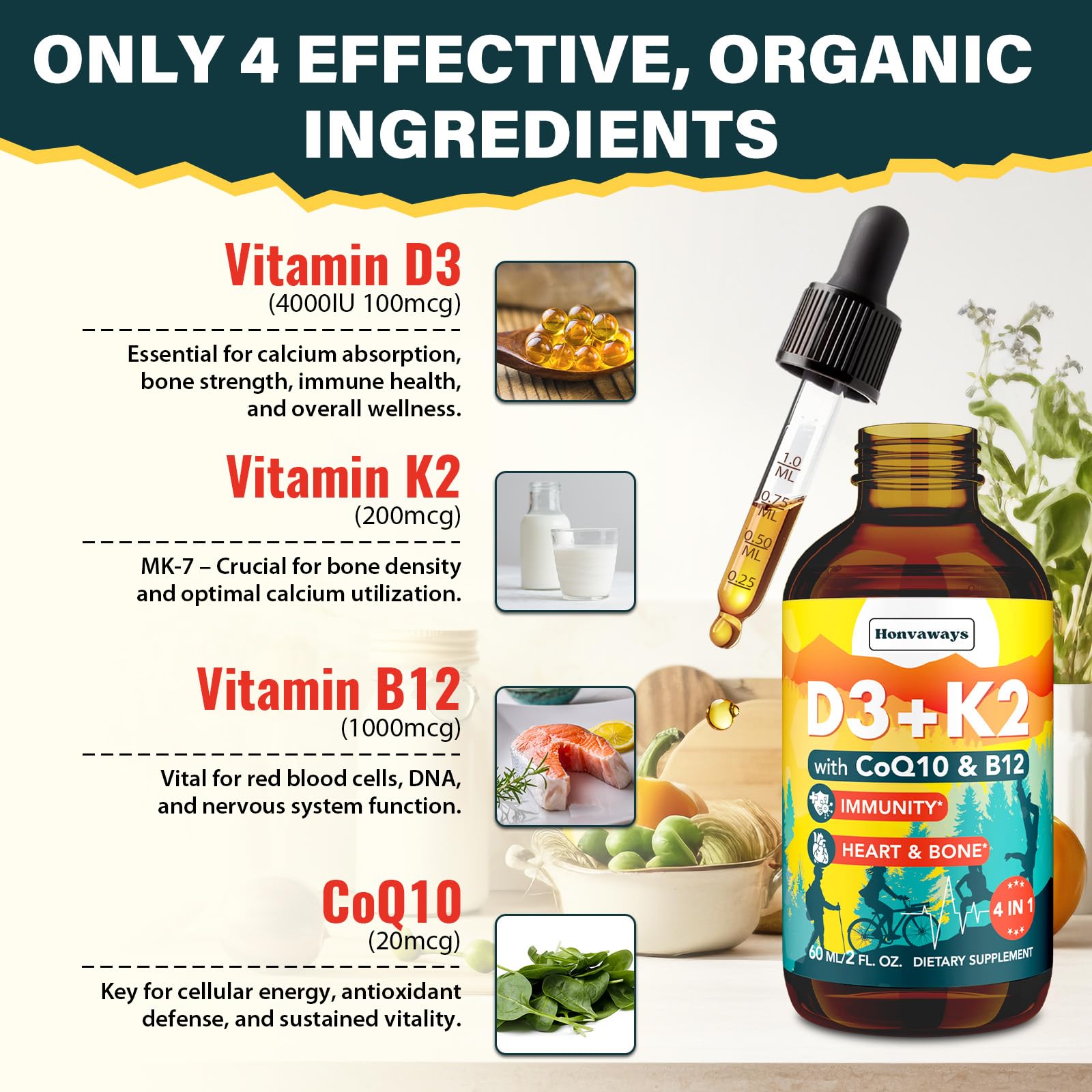 Vitamin D3 K2 MK-7 4000 IU Liquid Drops – CoQ10 & B12 for Bone Health