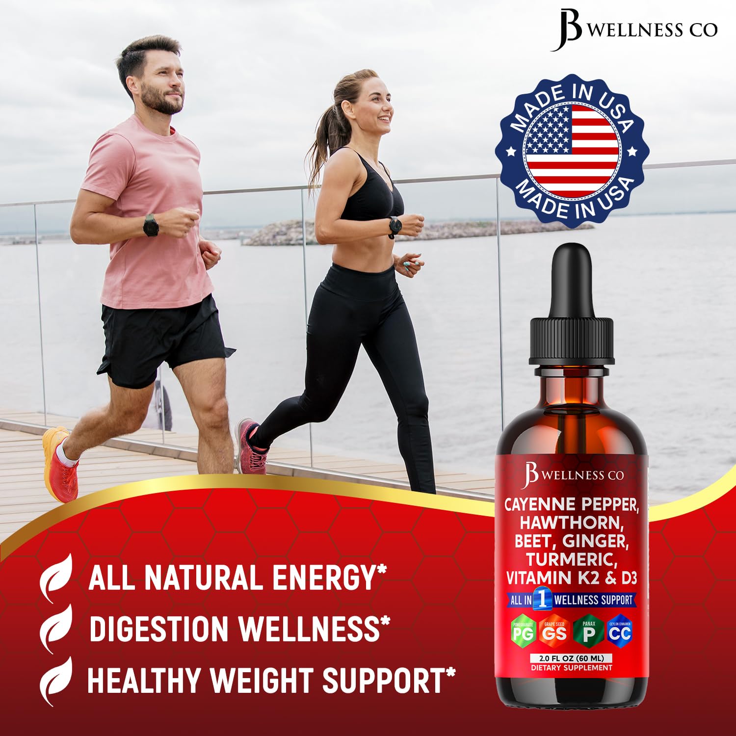JB Wellness Co Cayenne Pepper Liquid Drops + Hawthorn Berry, D3 K2 & Beet Root – 6oz