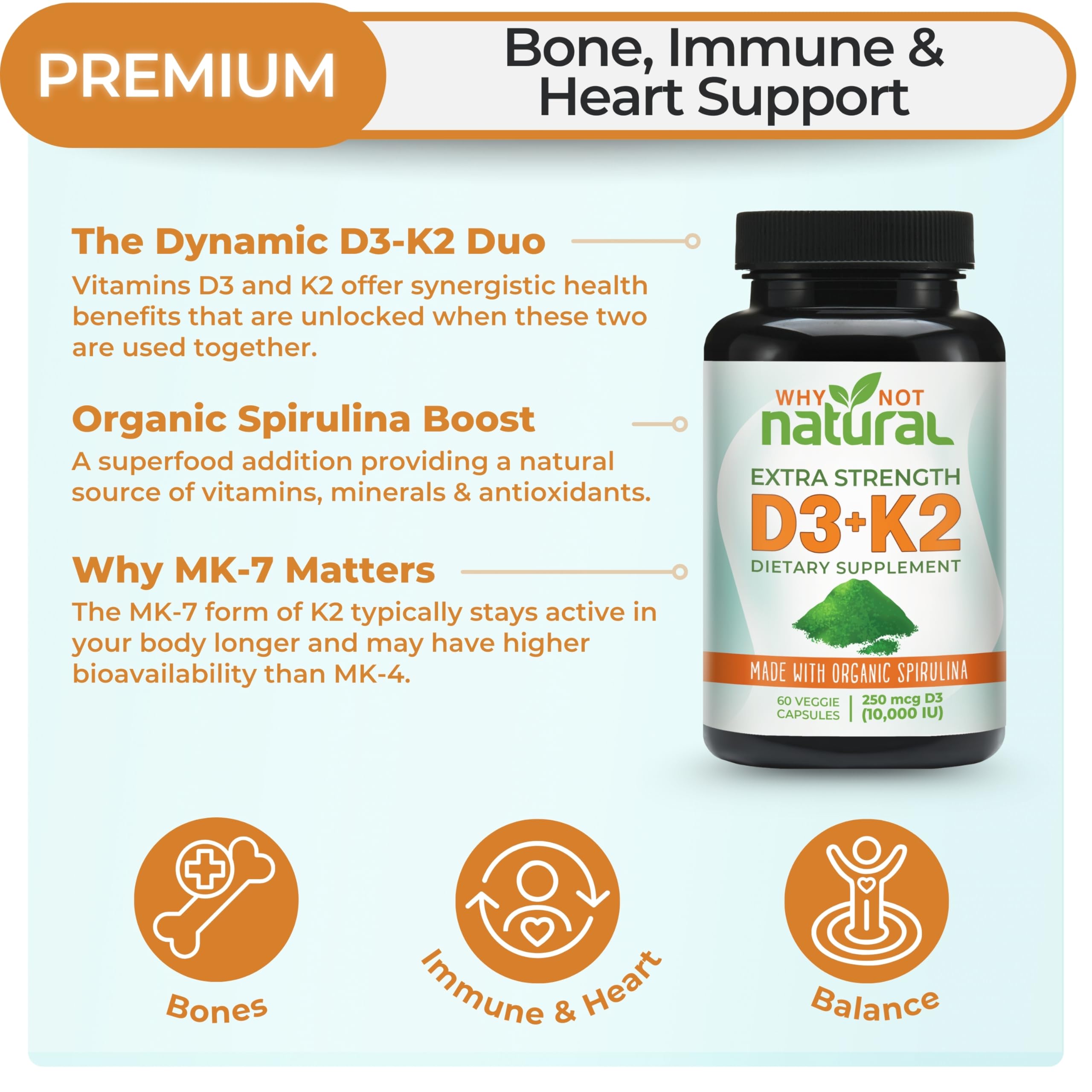 Vitamin D3 K2 (MK-7) with Organic Spirulina – 10,000 IU Veggie Capsules for Bone Health & Immunity