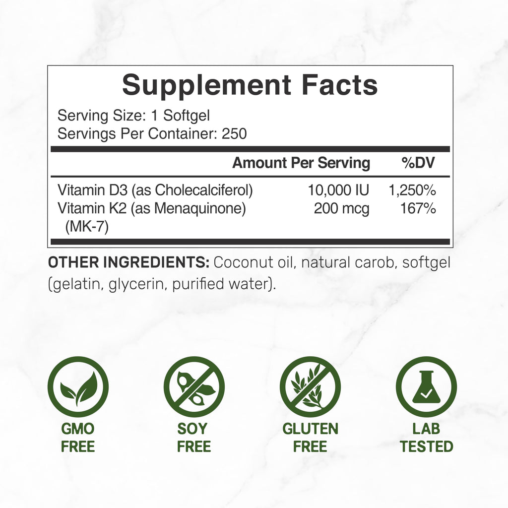 DEAL SUPPLEMENT Vitamin D3 10,000 IU + K2 MK7 200mcg Softgels – 2-in-1 Coconut Oil Carrier, 250 Count