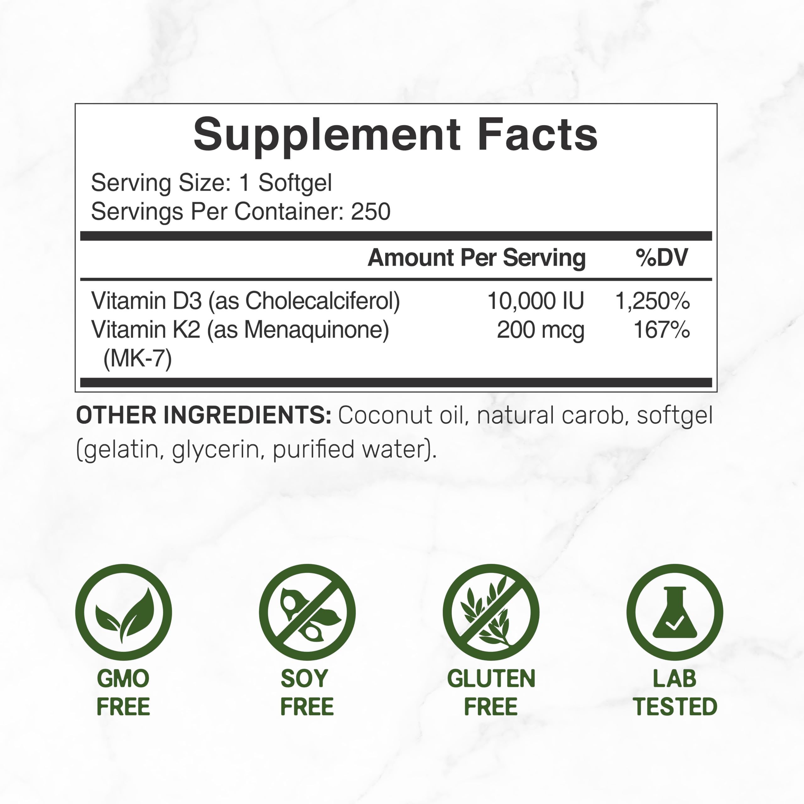 DEAL SUPPLEMENT Vitamin D3 10,000 IU + K2 MK7 200mcg Softgels – 2-in-1 Coconut Oil Carrier, 250 Count