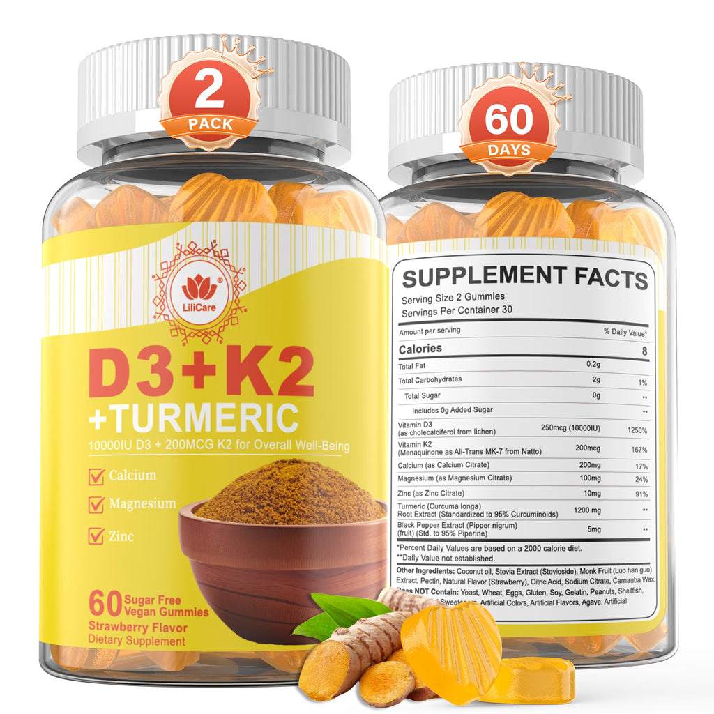 Vitamin D3 10000IU + K2 MK-7 Turmeric Gummies – Vegan 2-Pack | Bone, Immune & Energy Support
