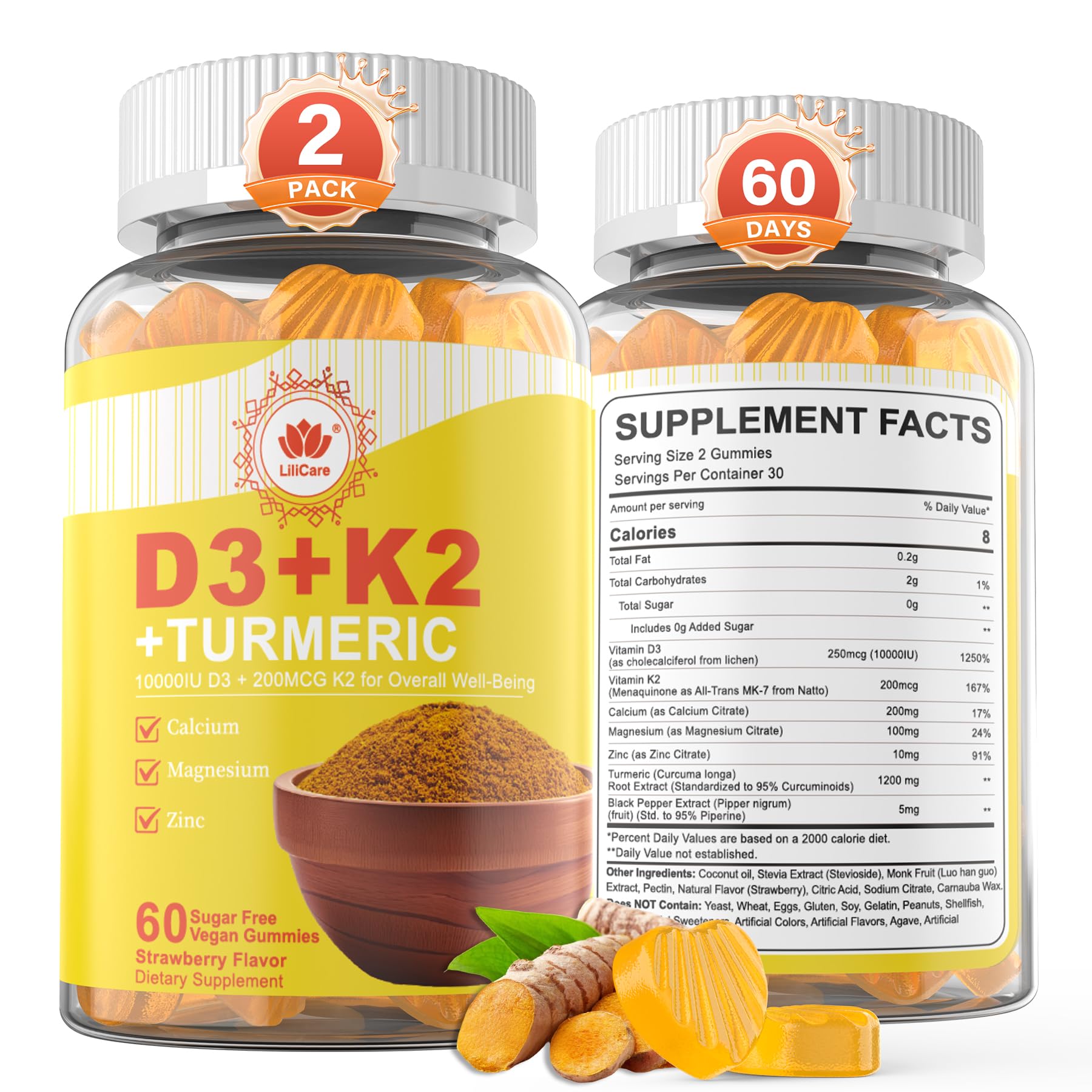 Vitamin D3 10000IU + K2 MK-7 Turmeric Gummies – Vegan 2-Pack | Bone, Immune & Energy Support
