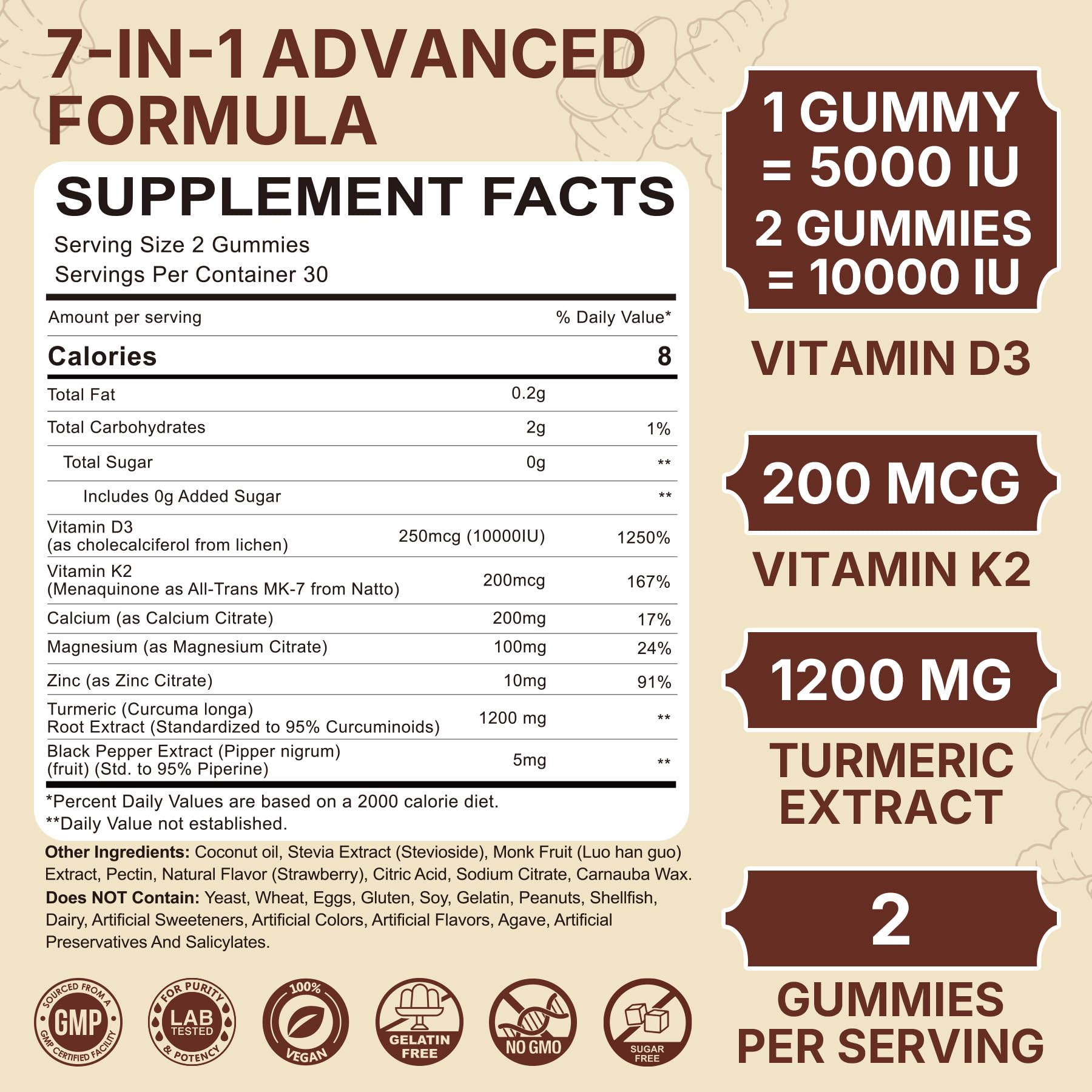 Vitamin D3 10000IU + K2 MK-7 Turmeric Gummies – Vegan 2-Pack | Bone, Immune & Energy Support