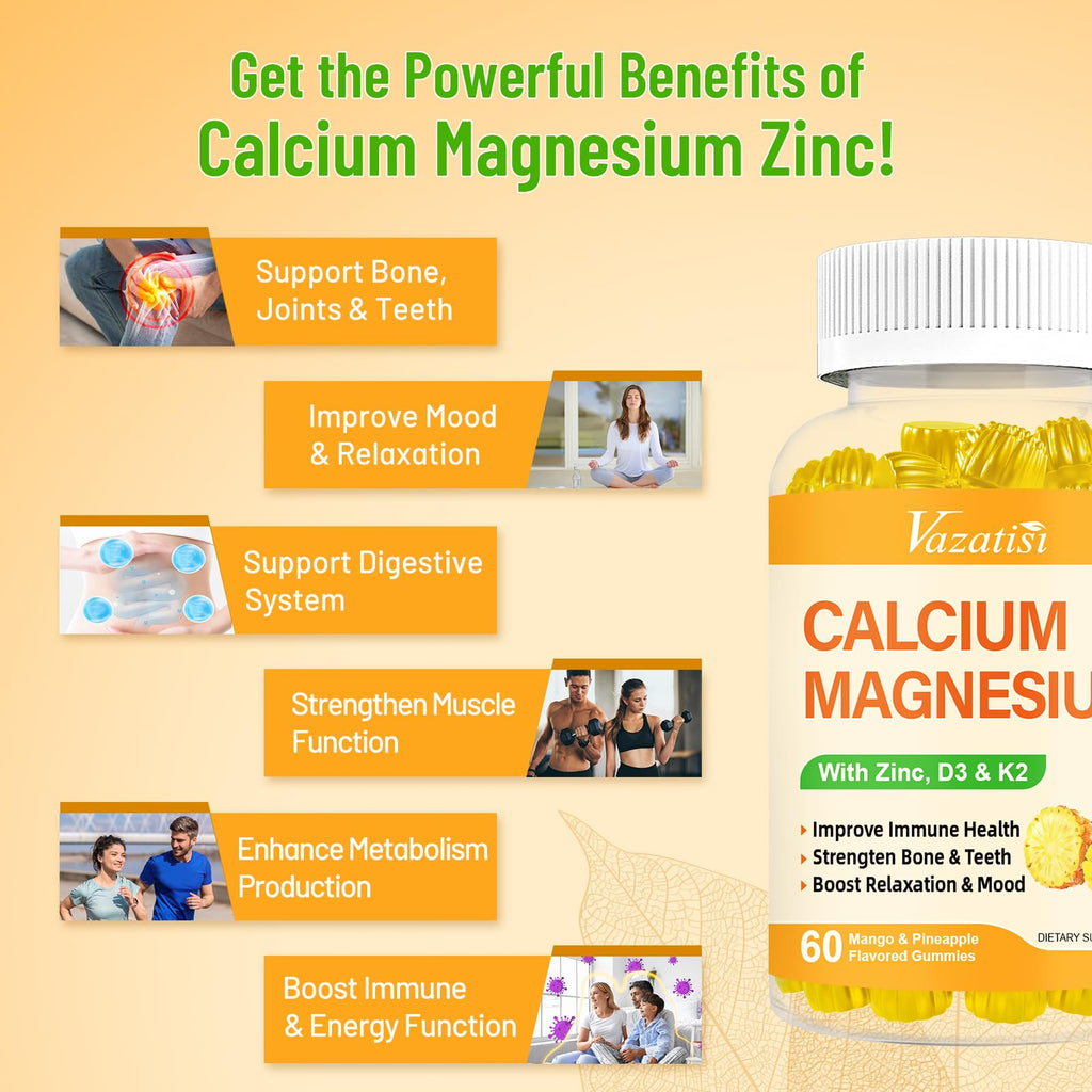 Calcium Magnesium Zinc Gummies with Vitamin D3 & K2 – Vegan Mango-Pineapple, 60 Gummies