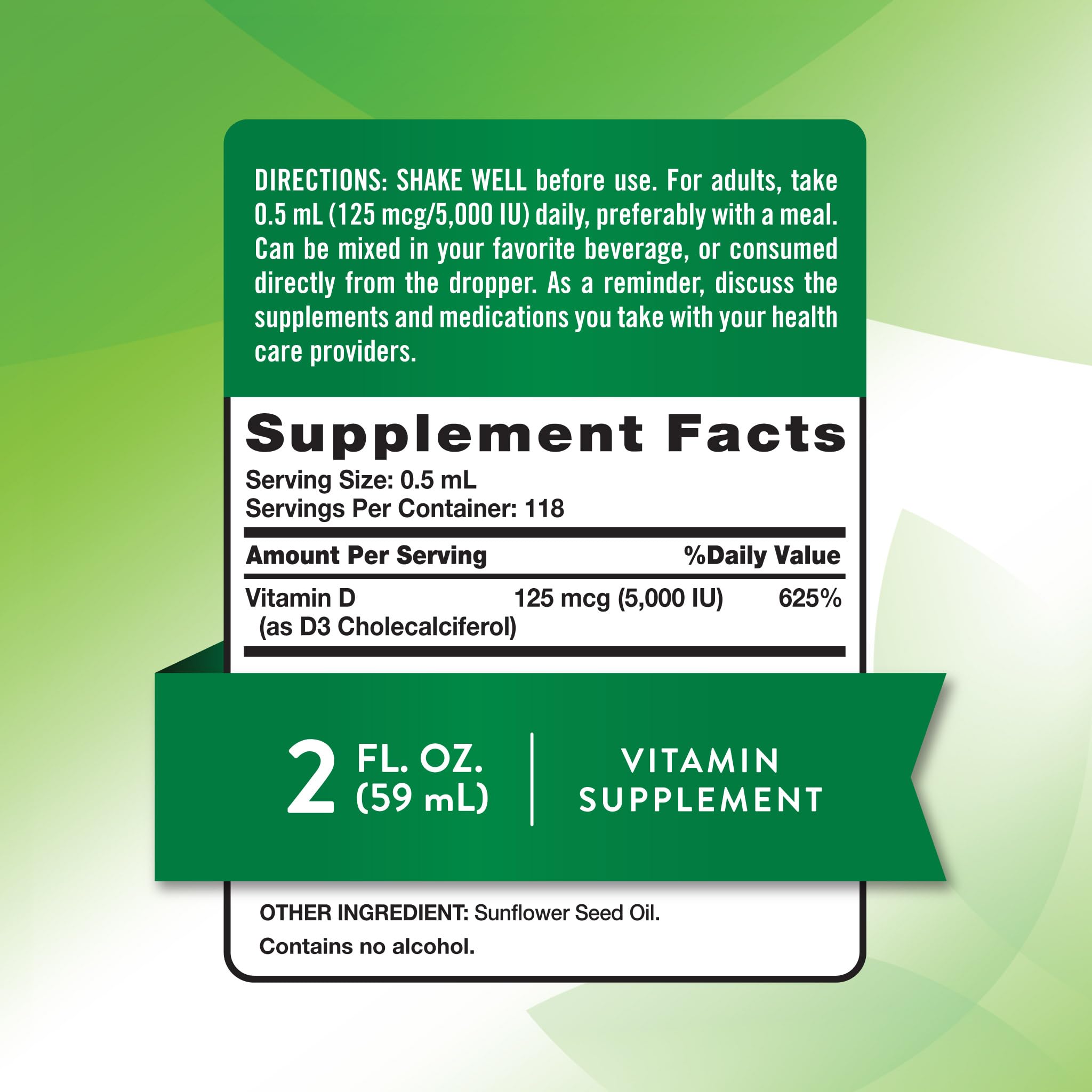 Nature's Truth Vitamin D3 Liquid 5000 IU - 2 fl oz, Non-GMO & Gluten Free (Pack of 2)