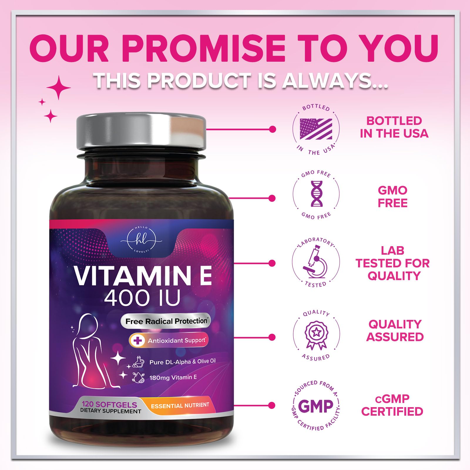 Vitamin E 400 IU Softgels – Hair & Skin Support, Immune Health, Non-GMO, Gluten Free (120 Softgels)