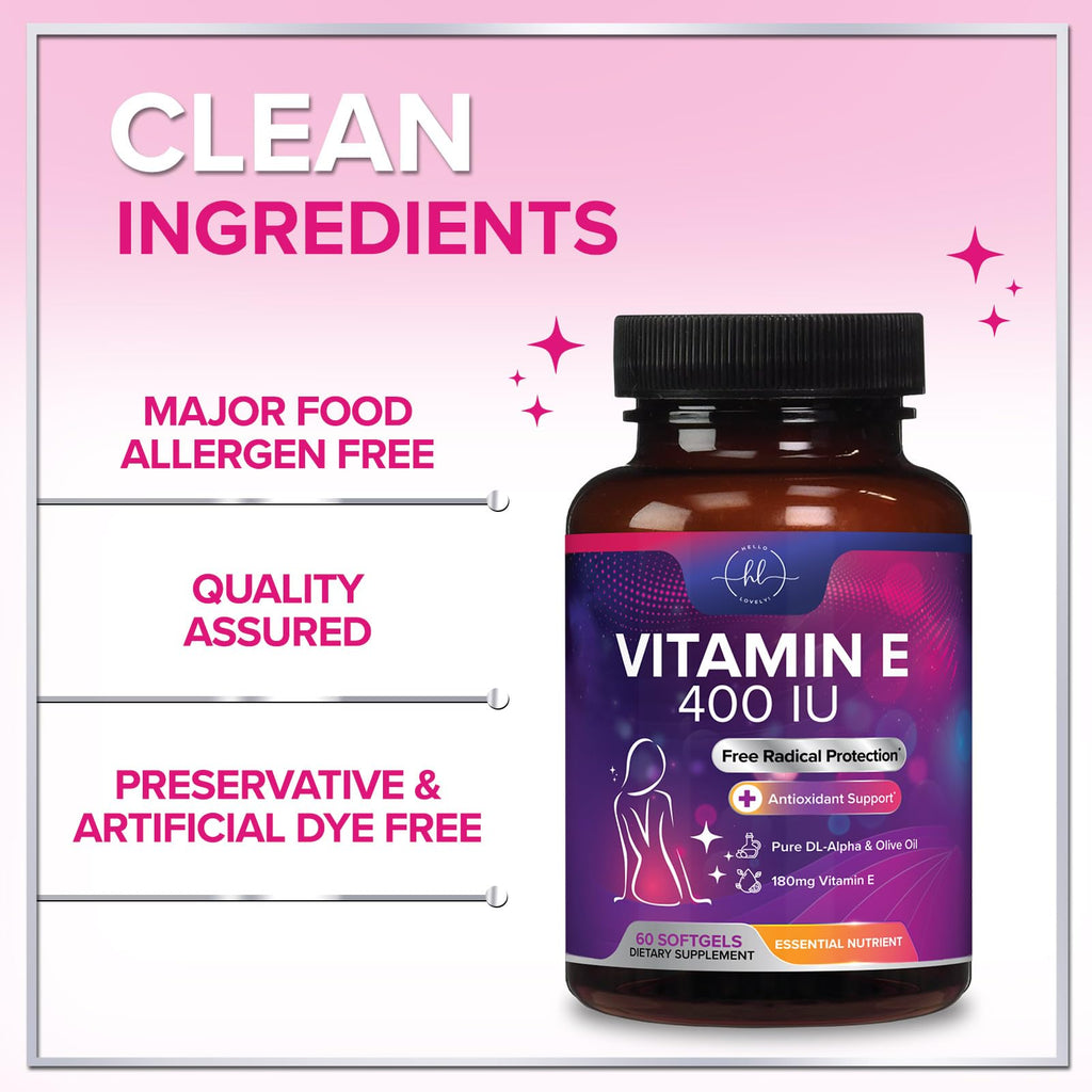 Vitamin E 400 IU (180 mg) – Hair & Skin Support, Immune Health – Non-GMO, Gluten Free | 60 Softgels