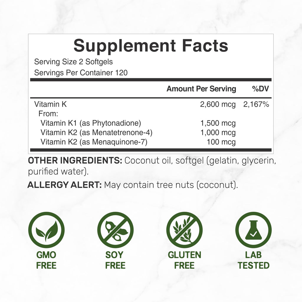 DEAL SUPPLEMENT Vitamin K Complete - 240 Coconut Oil Softgels | High Potency K1, MK-7, MK-4 | Non-GMO
