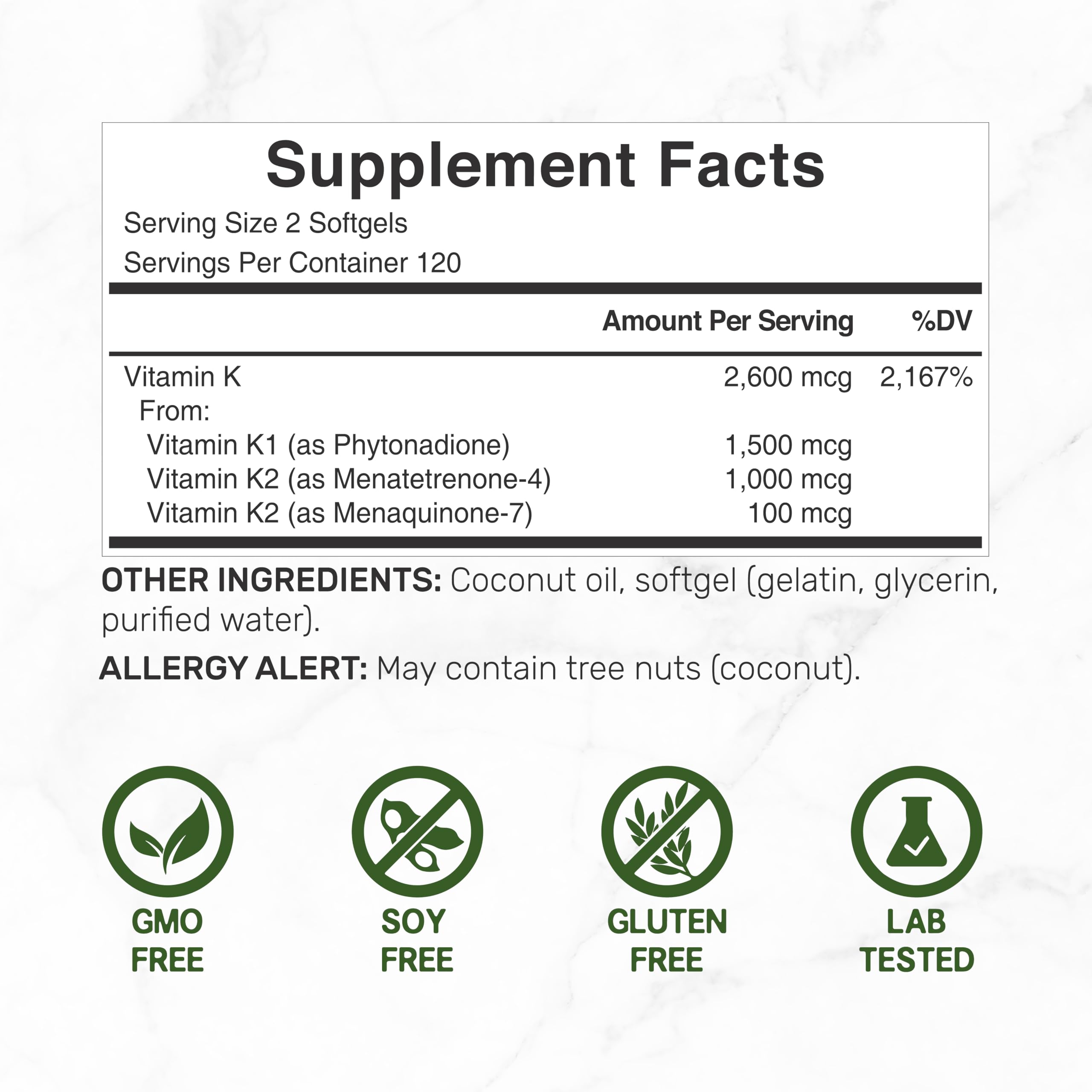 DEAL SUPPLEMENT Vitamin K Complete - 240 Coconut Oil Softgels | High Potency K1, MK-7, MK-4 | Non-GMO