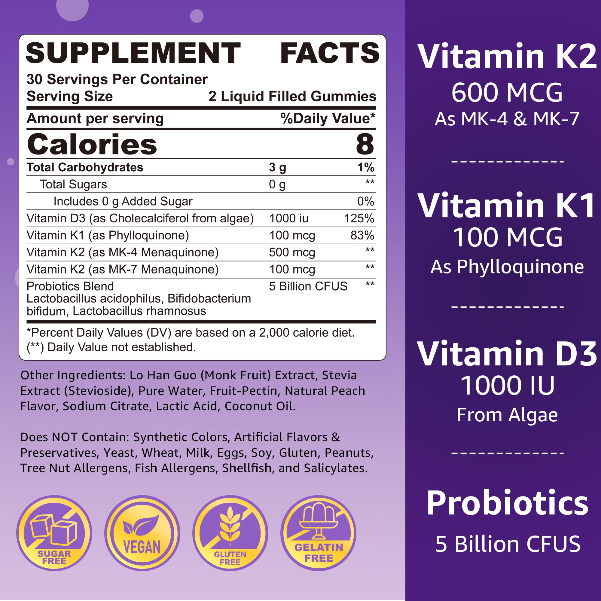 Vitamin K Complex Gummies with D3 (K2 MK7/MK4, K1) – 60 Gummies | Bone Support