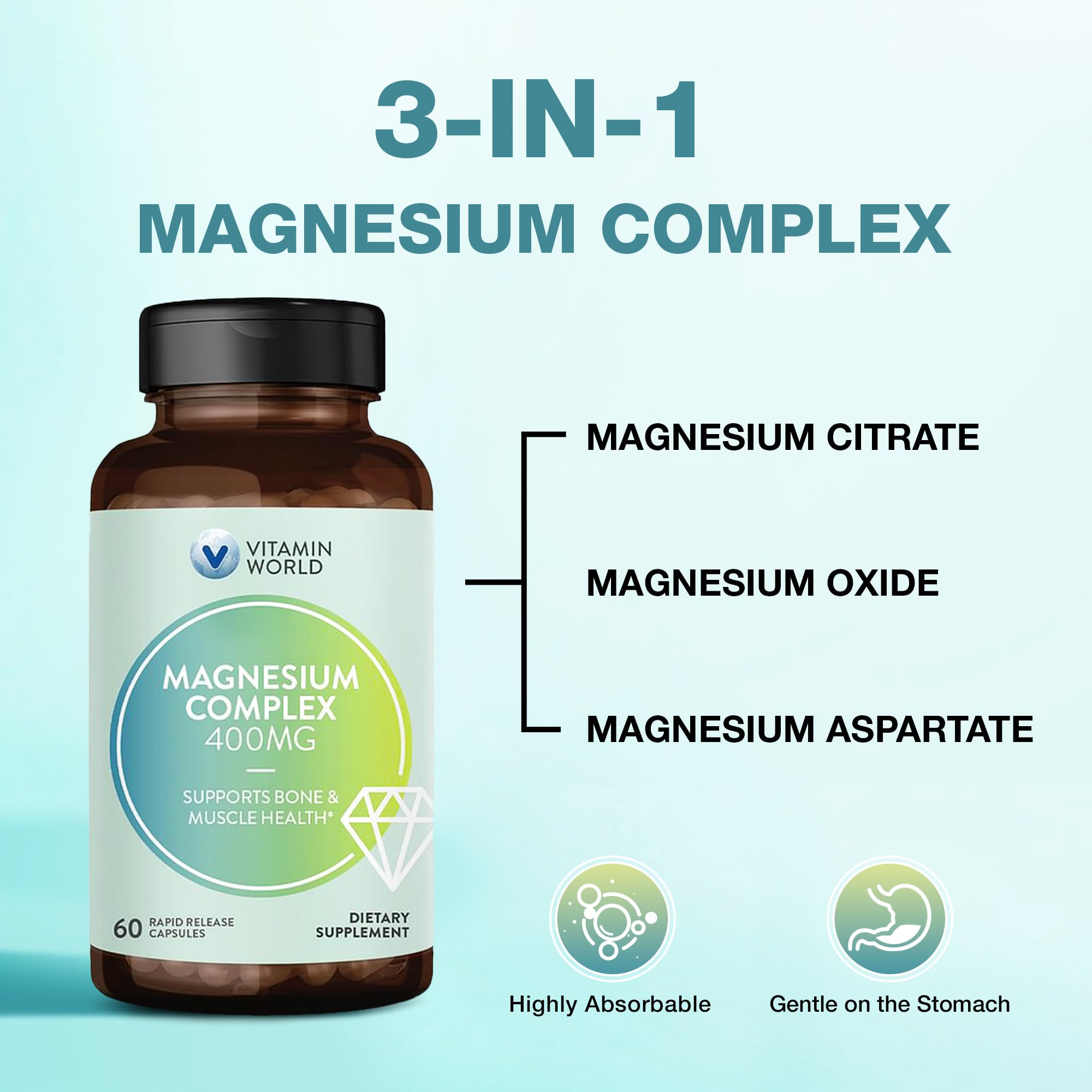 Vitamin World Magnesium Complex 400mg - 3-in-1 Magnesium (Citrate, Oxide & Aspartate) for Bone, Muscle & Nerve Support | 60 Capsules