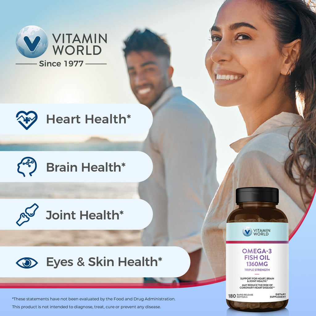Vitamin World Triple Strength Omega-3 Fish Oil 1360 mg | 950 mg Active Omega-3 EPA & DHA | 180 Softgels