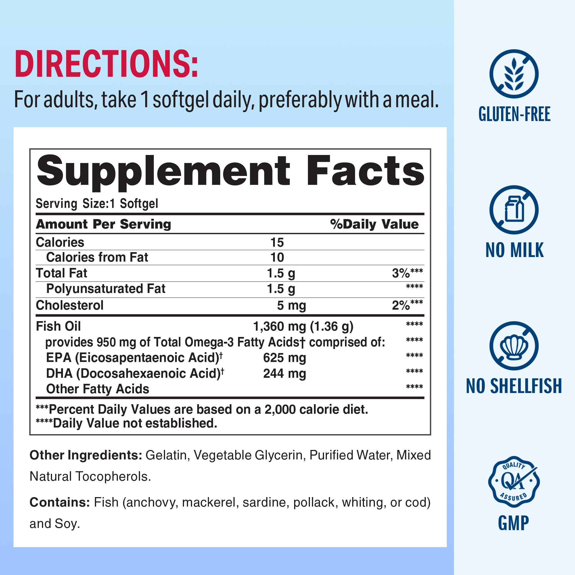 Vitamin World Triple Strength Omega-3 Fish Oil 1360 mg | 950 mg Active Omega-3 EPA & DHA | 180 Softgels