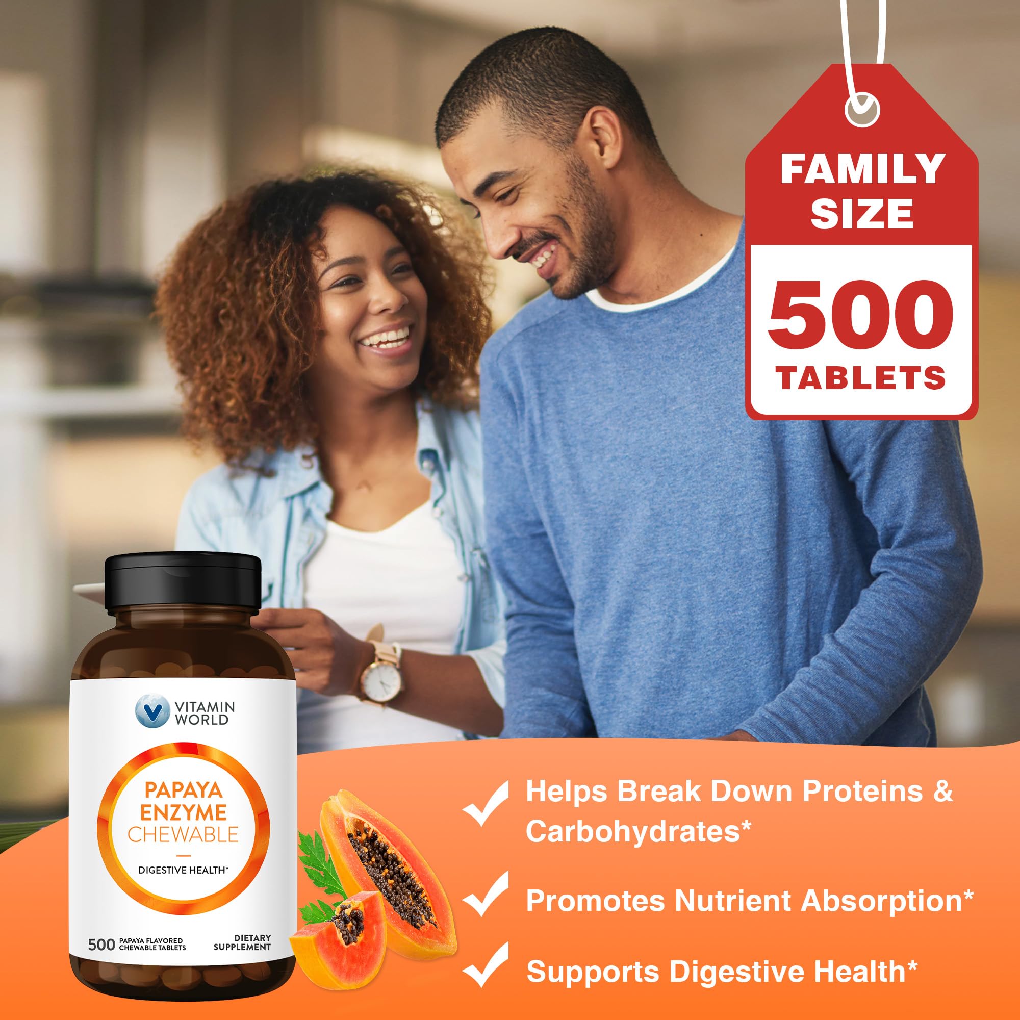 Vitamin World Papaya Enzymes Chewables – Papain, Amylase & Protease (500 Tablets)