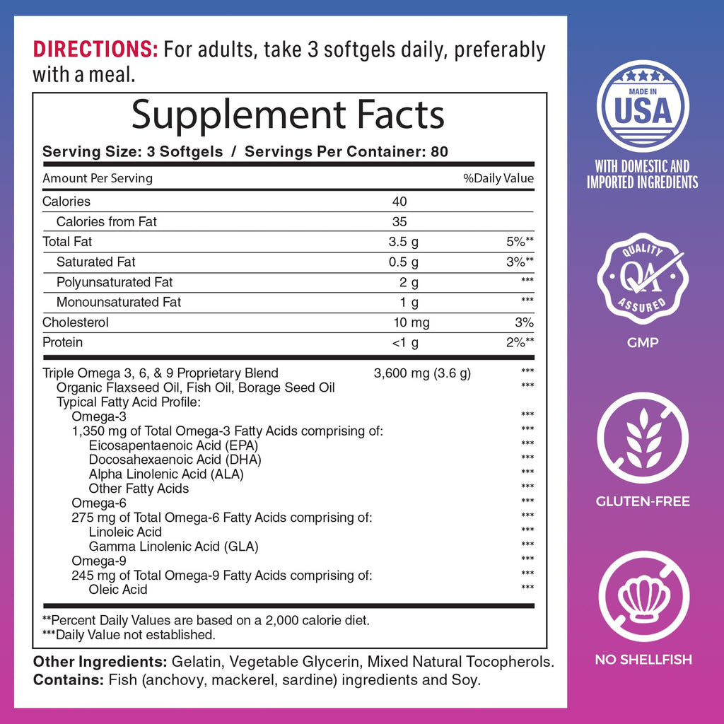 Vitamin World Triple Omega 3-6-9 3600mg with EPA & DHA – 240 Softgels, Gluten Free