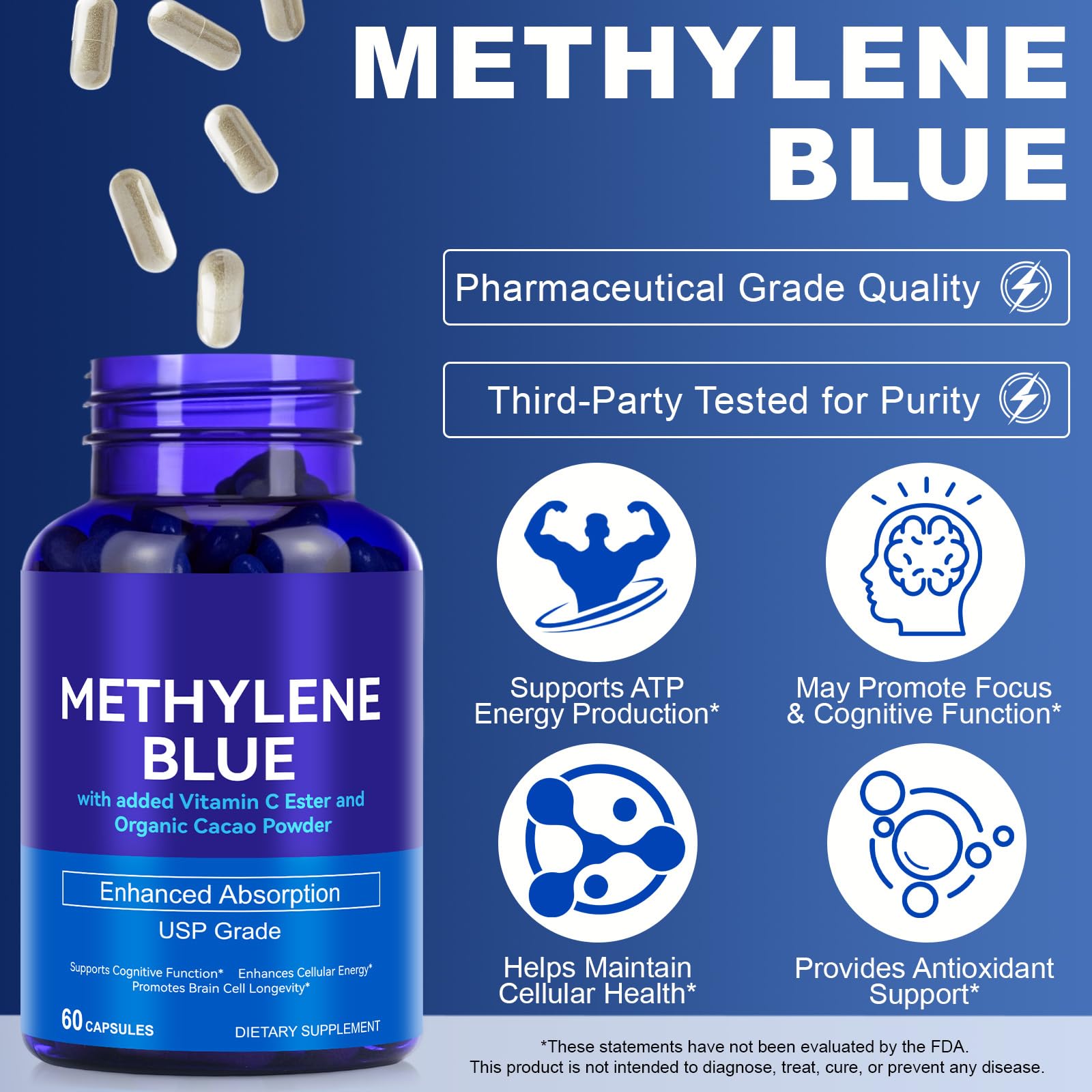 Methylene Blue Capsules 12 mg with Vitamin C Ester – 60 Capsules