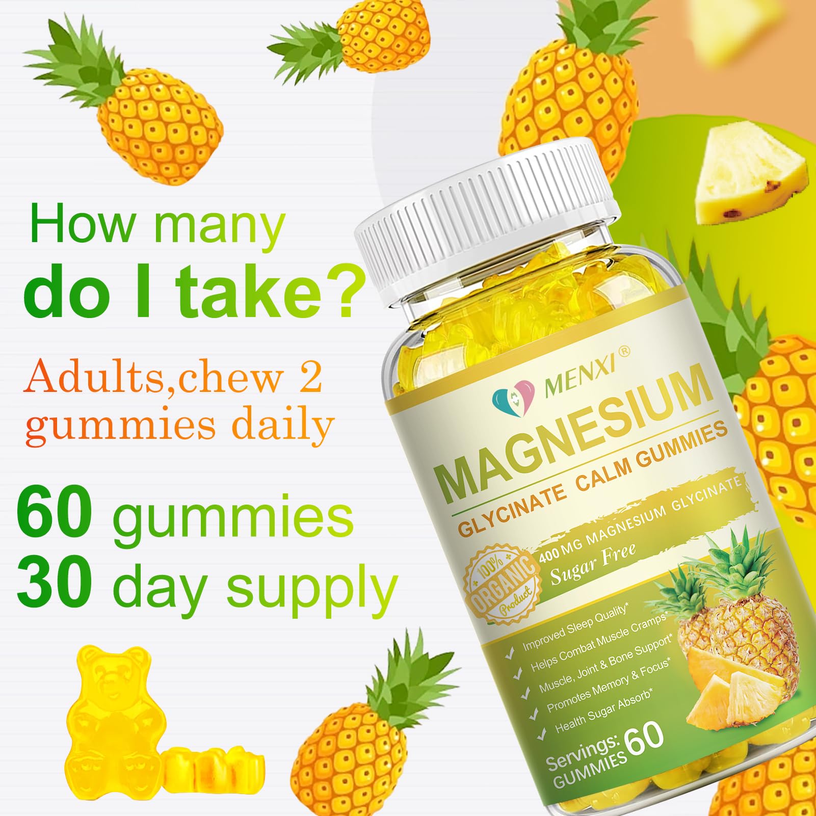 Magnesium Glycinate Gummies 400mg + Taurate, Sugar Free Pineapple - 60 Gummies with Vitamin D, B6, CoQ10 | Sleep & Relaxation