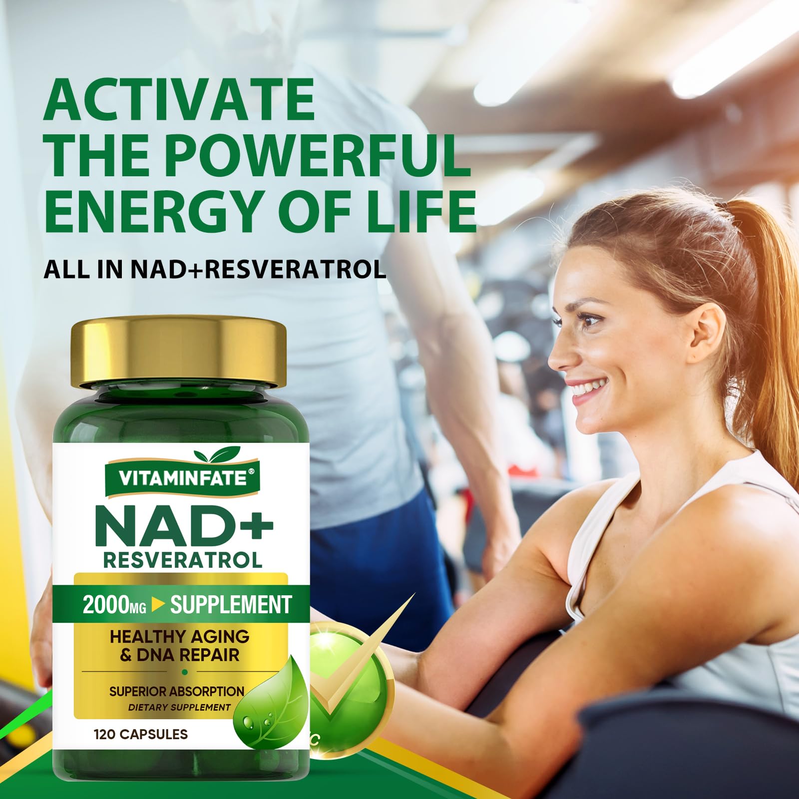 VITAMINFATE NAD+ Supplement 2000 mg – 120 Capsules | NAD+ + Resveratrol