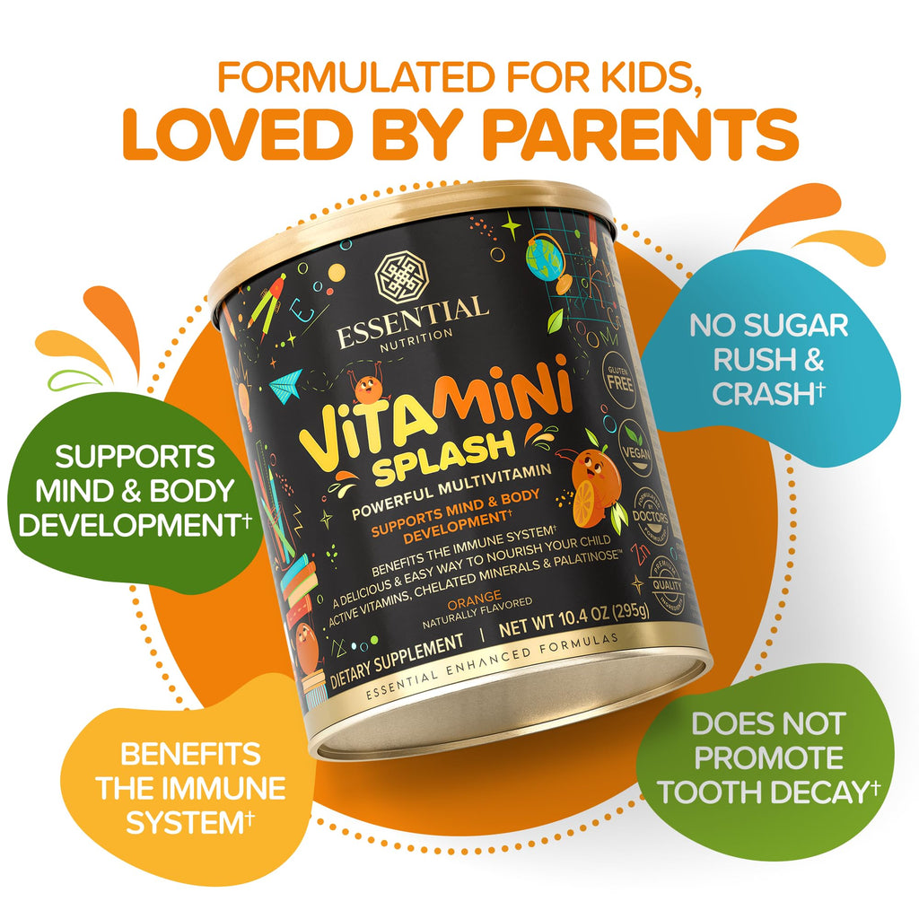 Essential Nutrition Vitamini Splash - Kids Multivitamin Powder (10.4 oz) - 13 Active Vitamins & 6 Chelated Minerals - Vegan