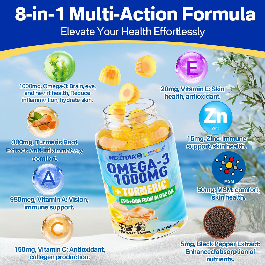 Vegan Omega-3 Gummies 1000mg + Turmeric | Algae DHA 600mg & EPA 300mg | Sugar Free, 60 Count