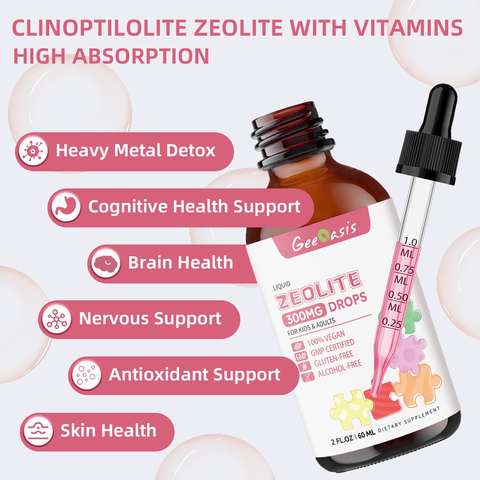 Zeolite Detox Drops for Kids & Adults  300 mg Clinoptilolite, 2 oz