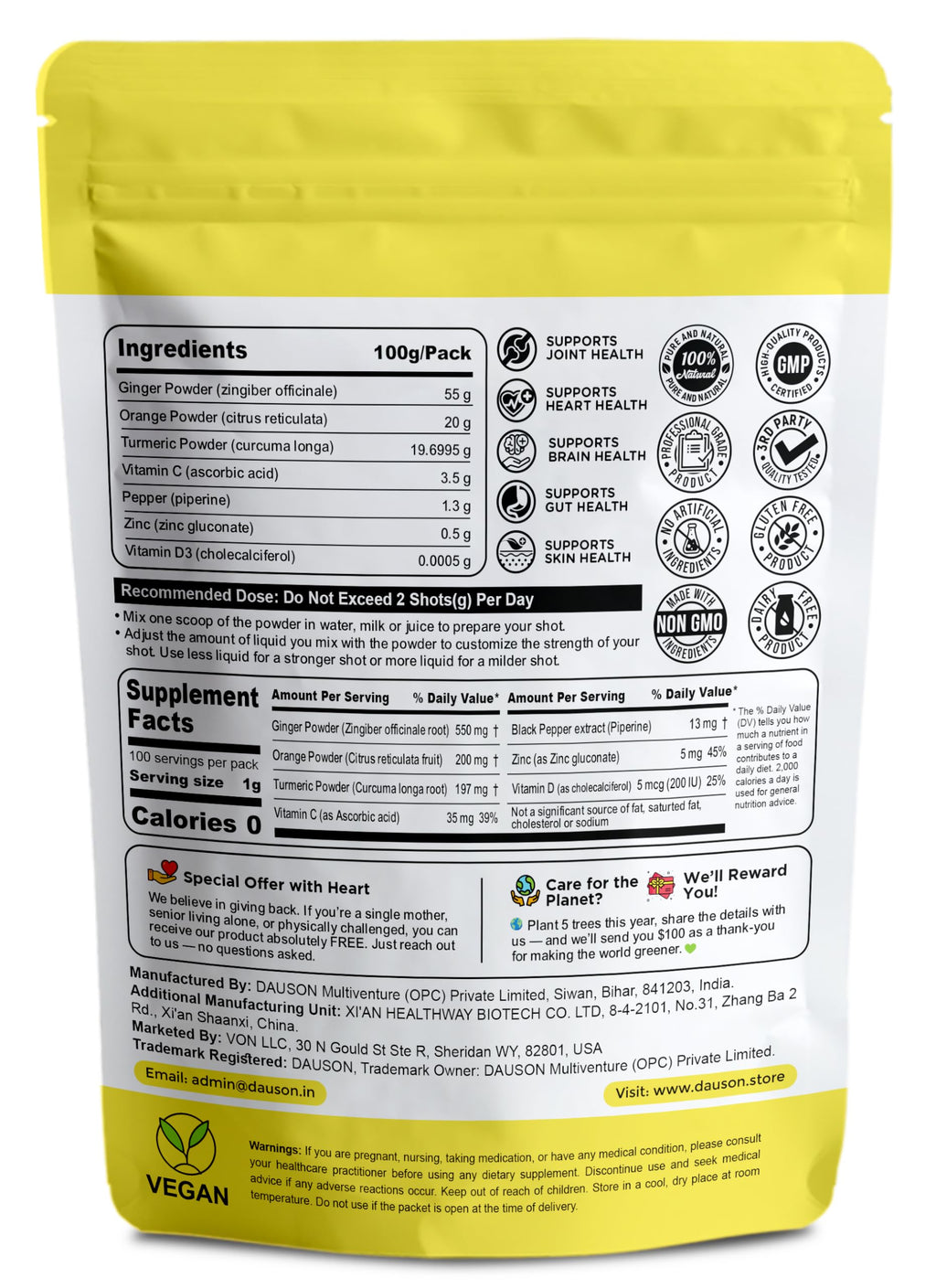 Ginger Turmeric Powder with Piperine, Vitamin C, Vitamin D3 & Zinc – 100 Servings