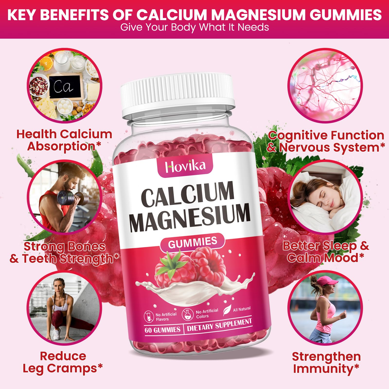 Calcium Magnesium Zinc Gummies 2:1 with D3 K2 B6 B12 – Vegan Raspberry 120