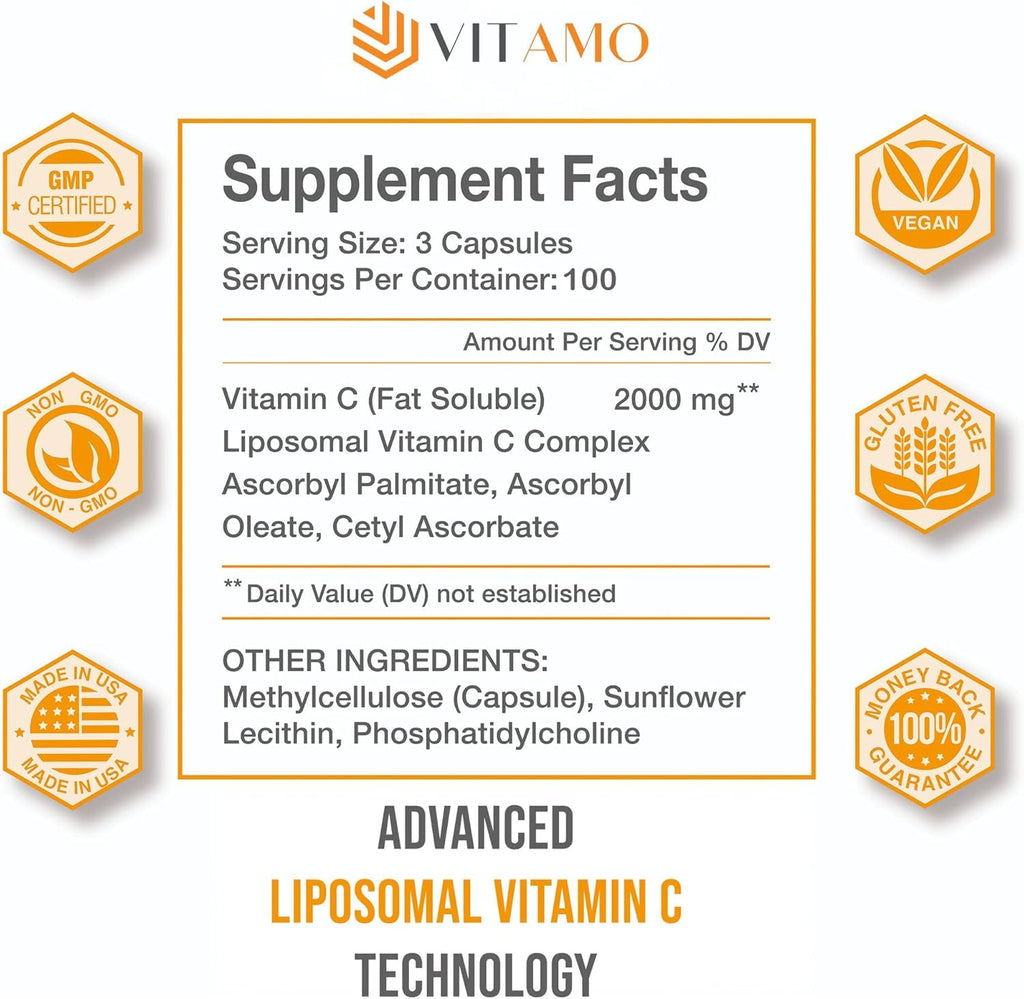 Vitamo Liposomal Vitamin C 2000mg | High-Absorption Immune Support & Skin Health | 300 Capsules