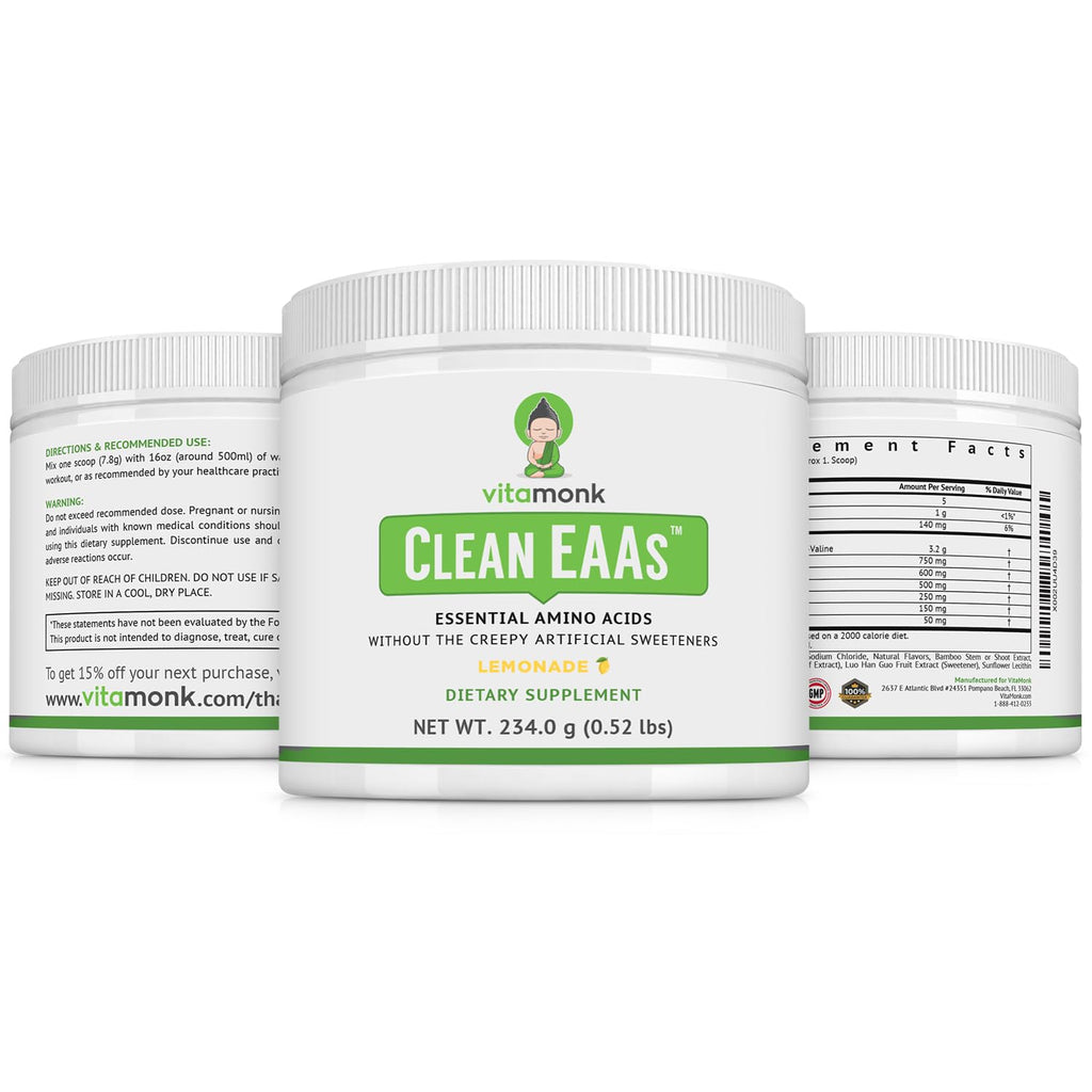 VitaMonk Clean EAA - EAAs with No Artificial Sweeteners for Pre-Workout, Energy and Recovery - Max Bioavailable EAA Powder with 9 Essential Amino Acids - Natural Lemonade Flavor