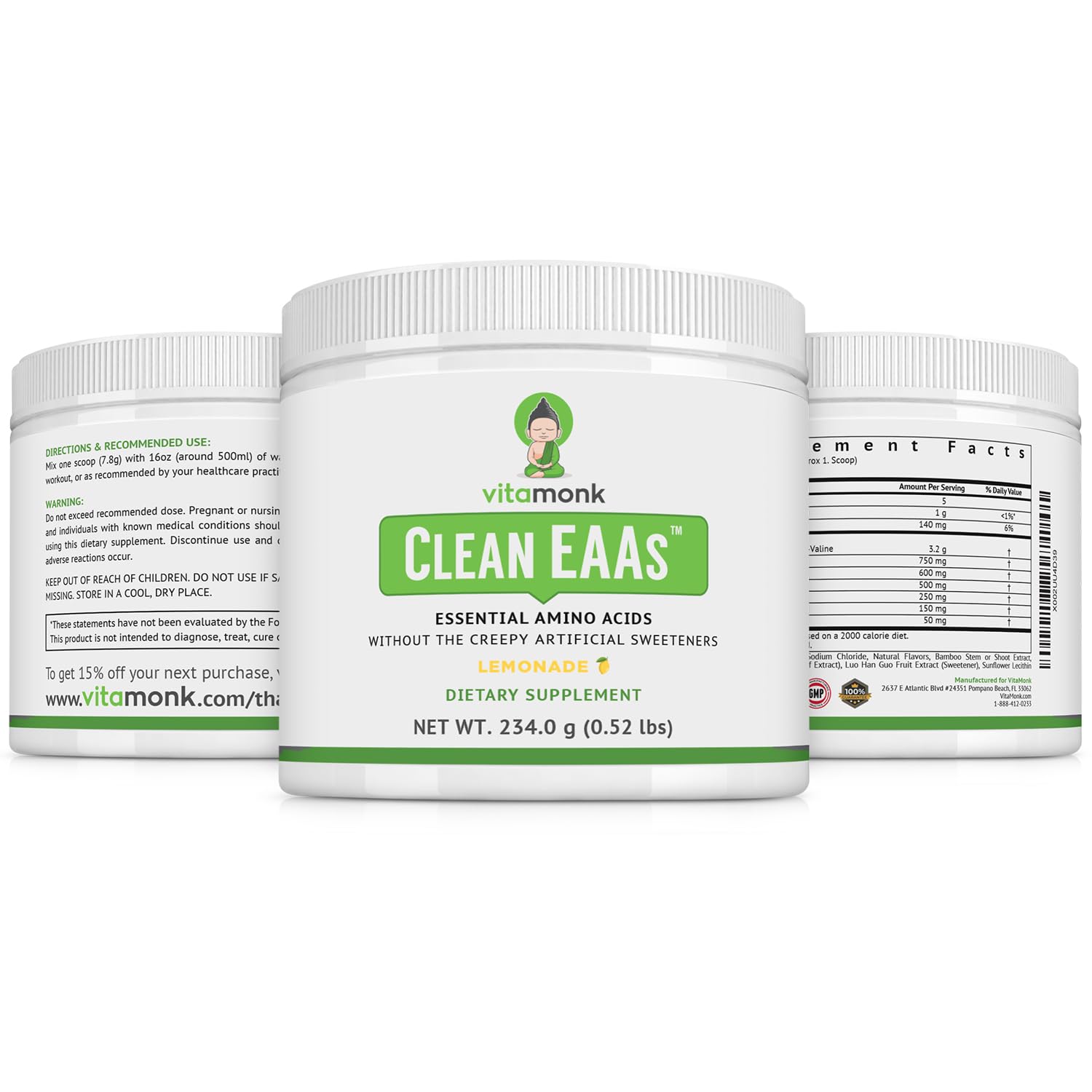VitaMonk Clean EAA - EAAs with No Artificial Sweeteners for Pre-Workout, Energy and Recovery - Max Bioavailable EAA Powder with 9 Essential Amino Acids - Natural Lemonade Flavor