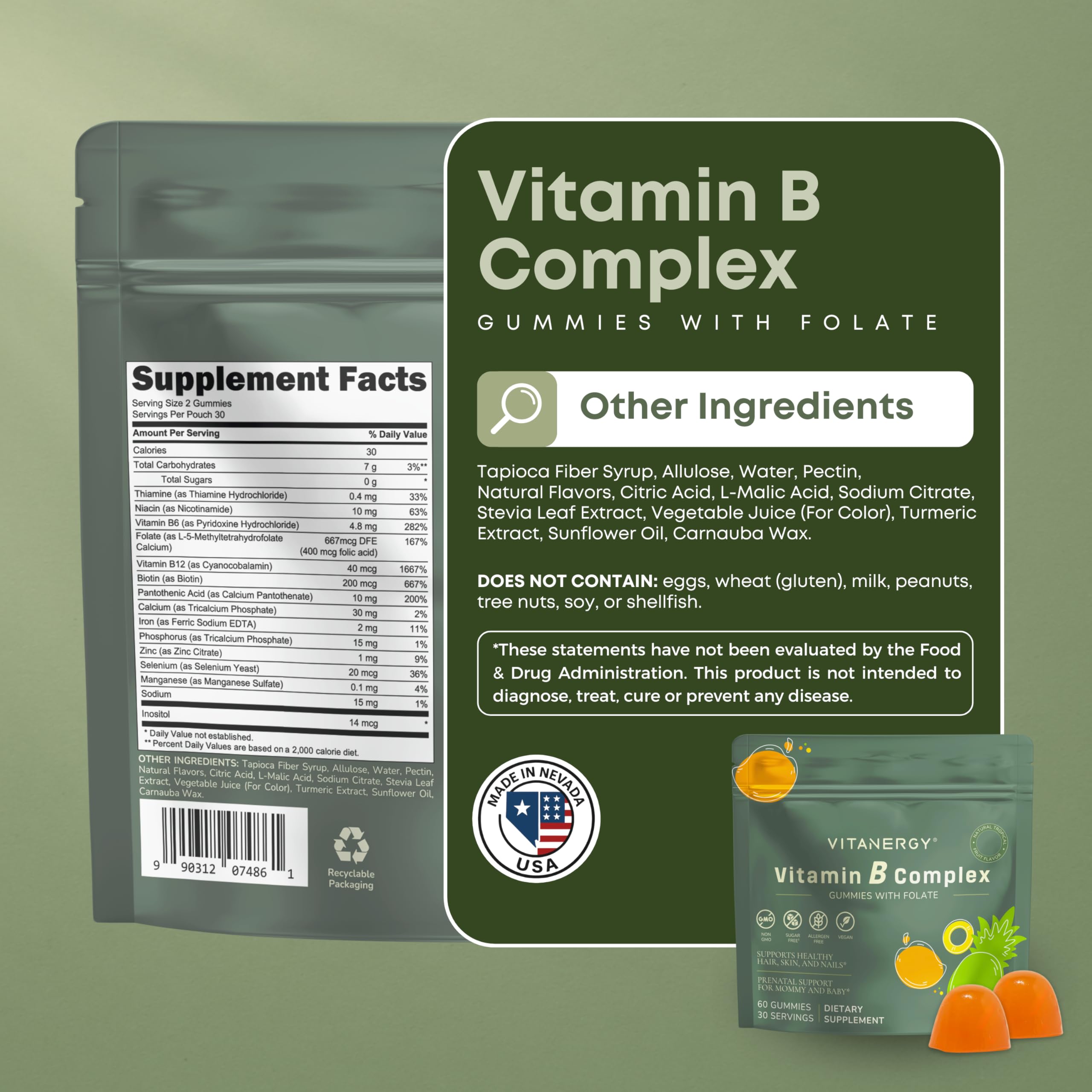 Vitanergy Vitamin B Complex Gummies for Women - 7 Essential Vitamins and Iron, Energy, Immune, Prenatal Support, Portable Pouch, Tropical Flavor, Made in USA, 60 Count