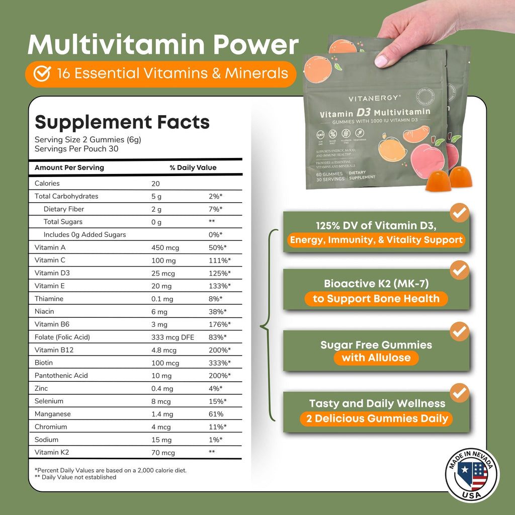 Vitanergy Women’s Multivitamin Gummies – D3 & K2, 60 Ct