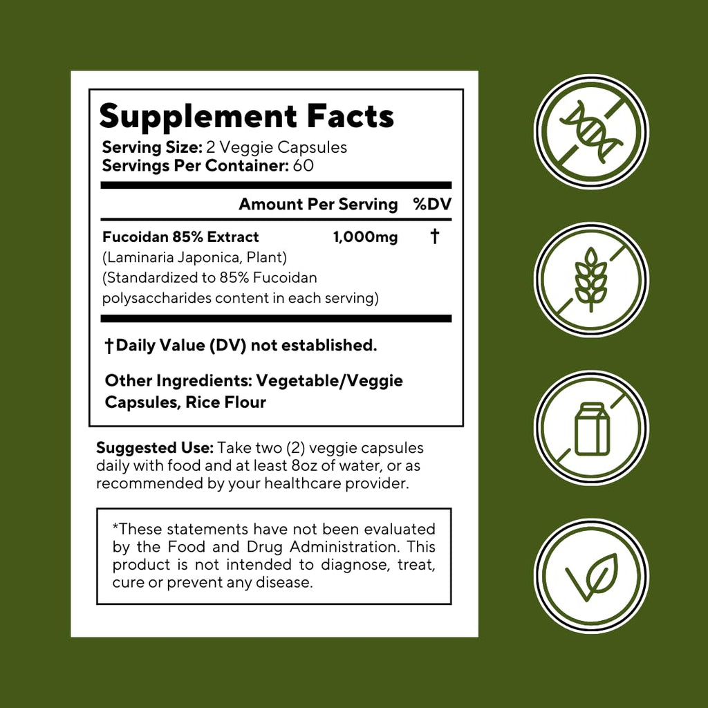 Vitapia Fucoidan 85% - 1000mg Per Serving | 120 Veggie Capsules | Immune & Digestive Support