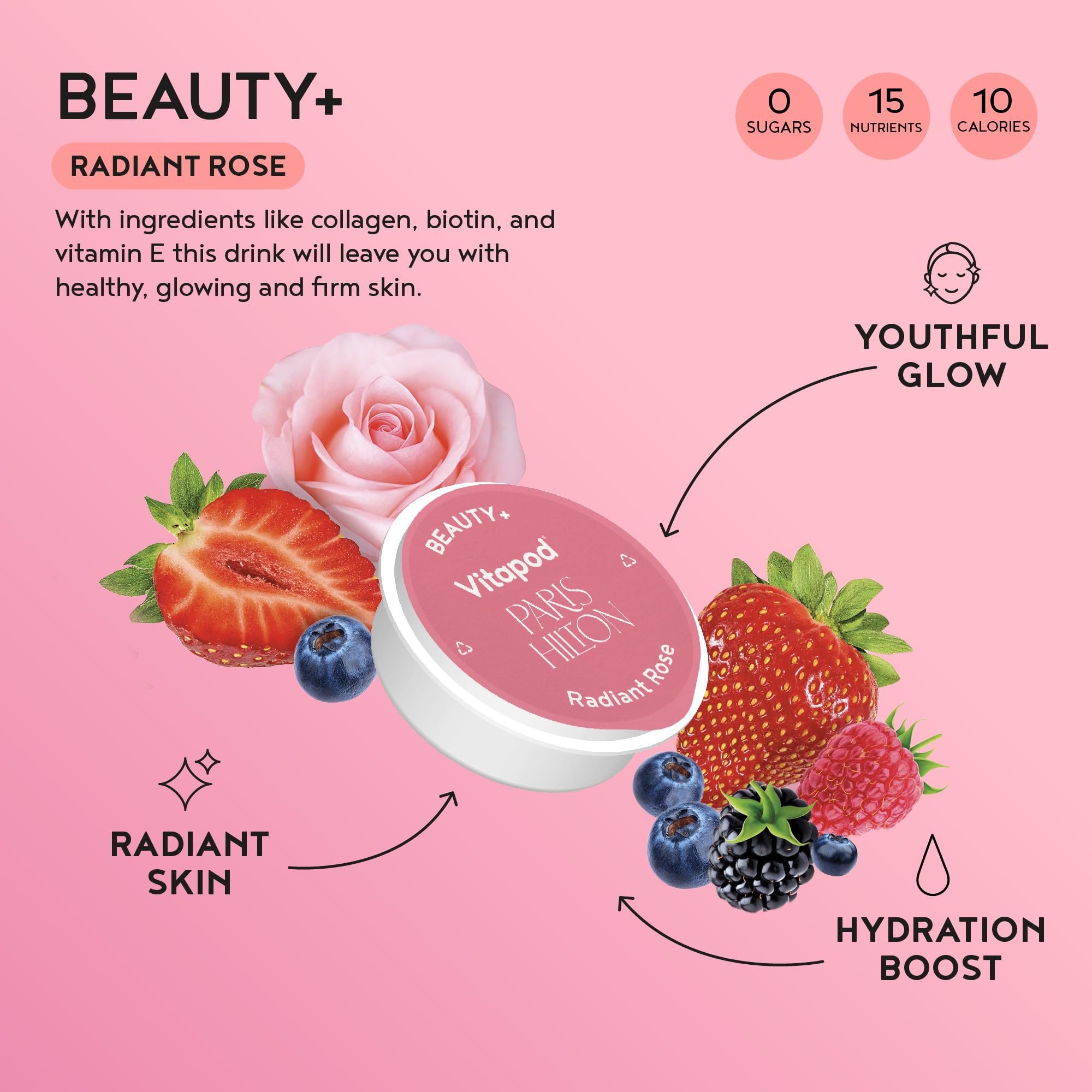 Vitapod Paris Hilton x Beauty+ Radiant Rose – Sugar-Free Drink Mix, 7 Pods, 10 Calories
