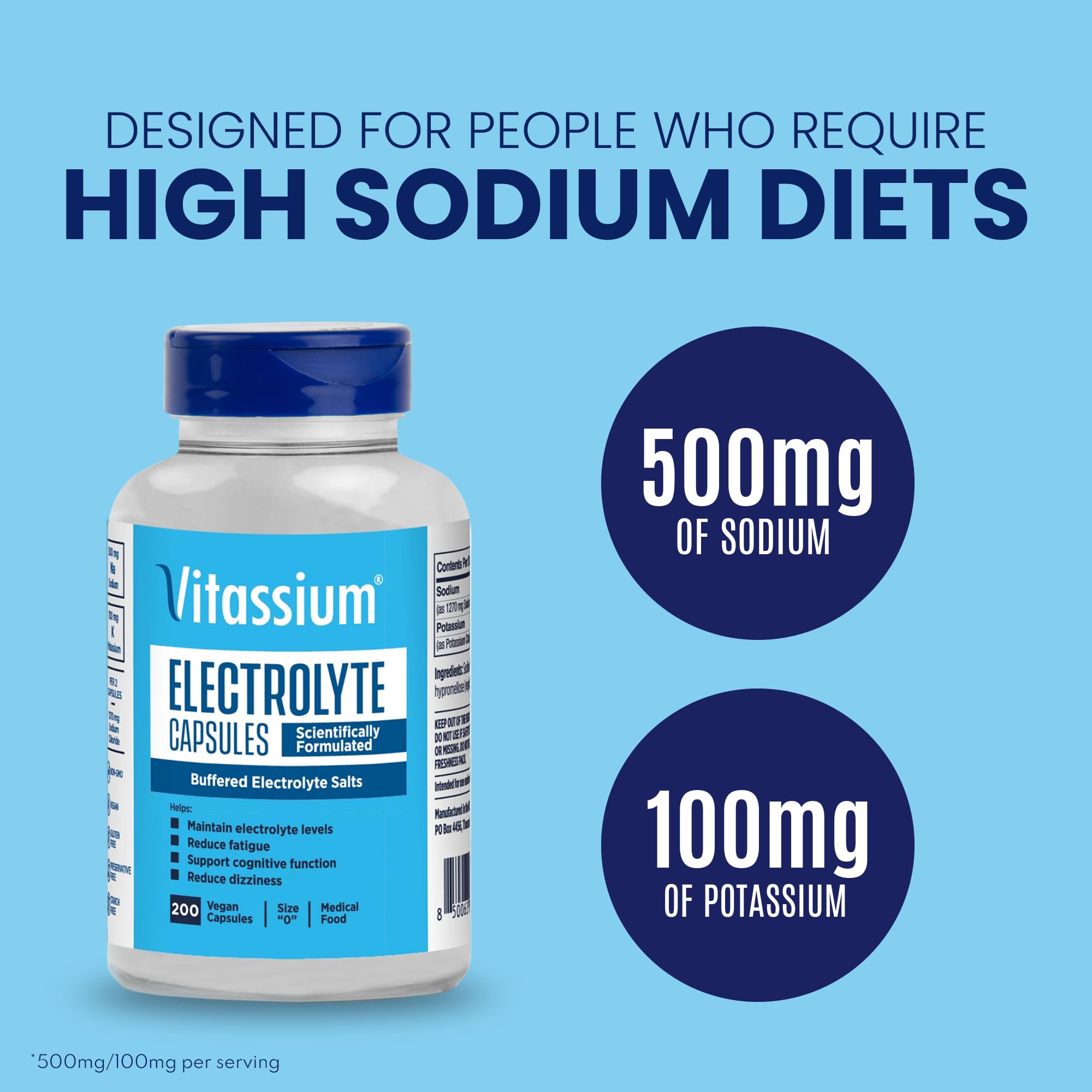 Vitassium Electrolyte Capsules — High-Sodium Diet Support (500mg Na, 100mg K) | Unflavored, 200 Capsules