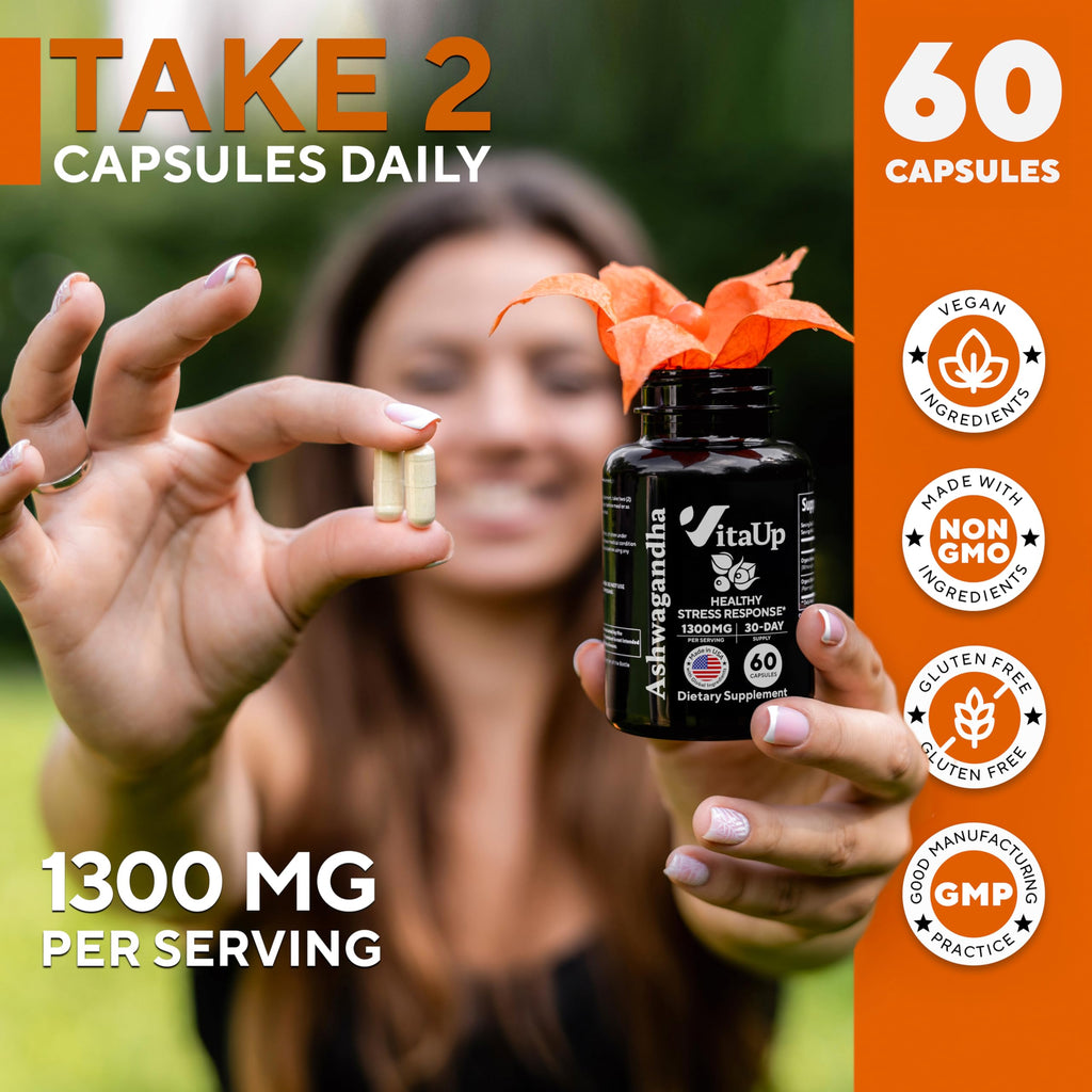 VitaUp Ashwagandha 1310mg with Black Pepper – USA Made, Relaxation & Cognitive Support (60 Caps)